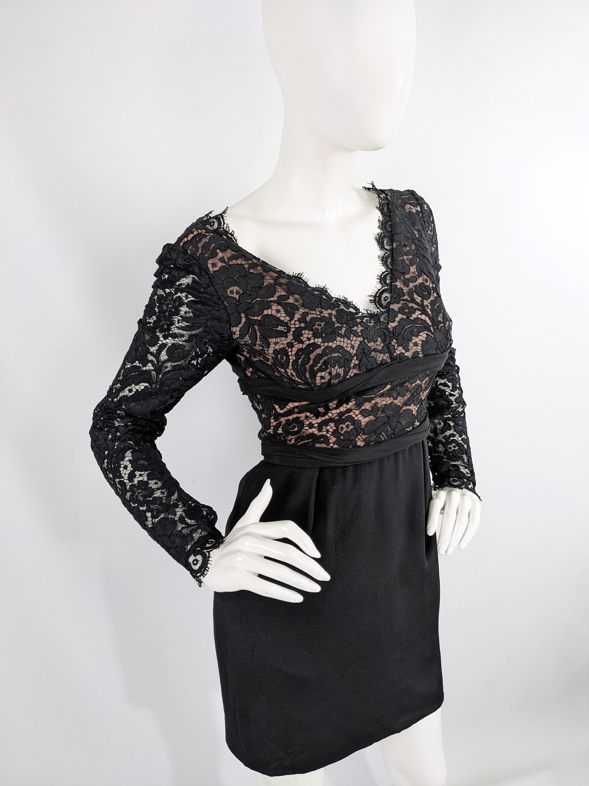 Donald Deal for Bergdorf Goodman Vintage 80s Black Lace & Nude Party Dress, XXS In Excellent Condition For Sale In Doncaster, South Yorkshire