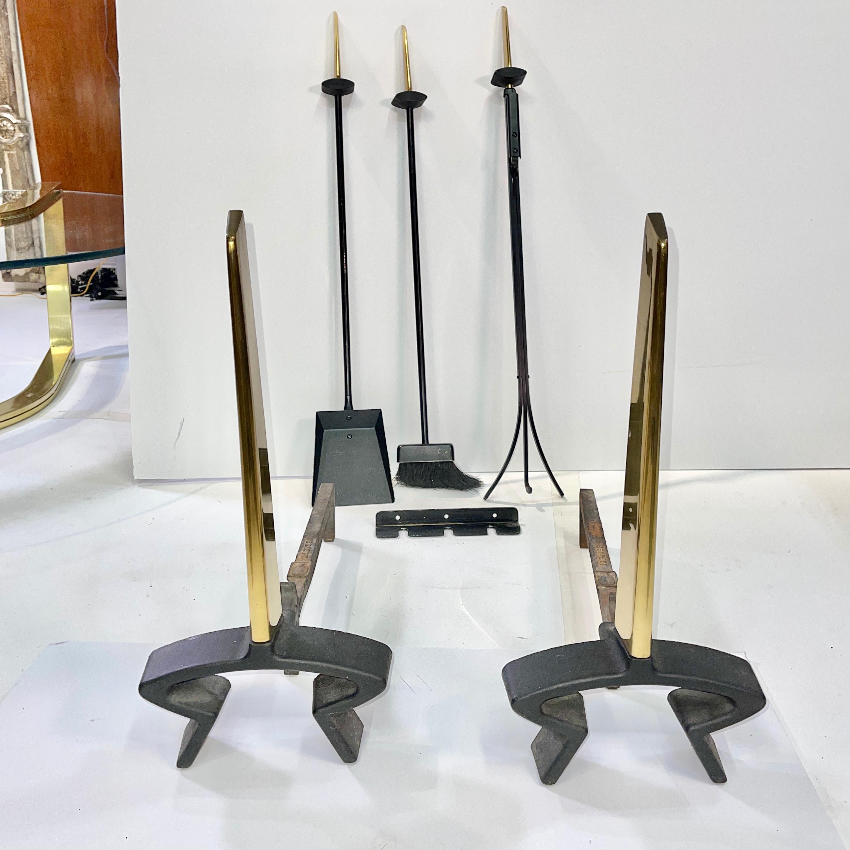 Mid-Century Modern Donald Deskey Andirons and Wall Mounted Fireplace Tools by Bennett For Sale