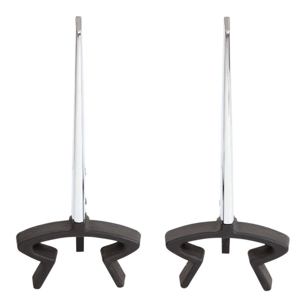 Mid-Century Modern Donald Deskey Andirons for Bennett, Nickel Chrome, Wrought Iron, Signed For Sale