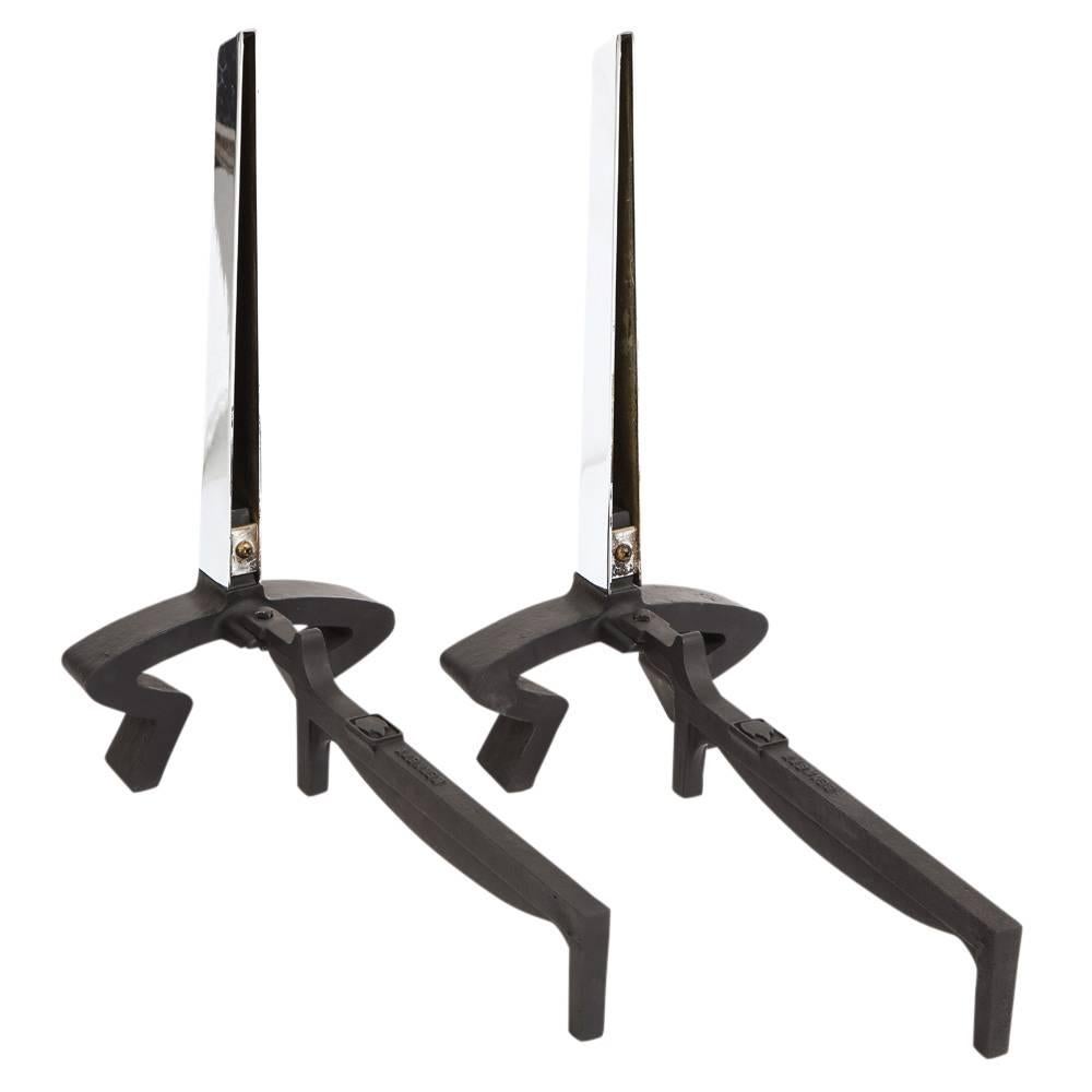 Blackened Donald Deskey Andirons for Bennett, Nickel Chrome and Wrought Iron, Signed For Sale