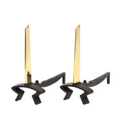 Donald Deskey Andirons, Brass and Wrought Iron, Signed