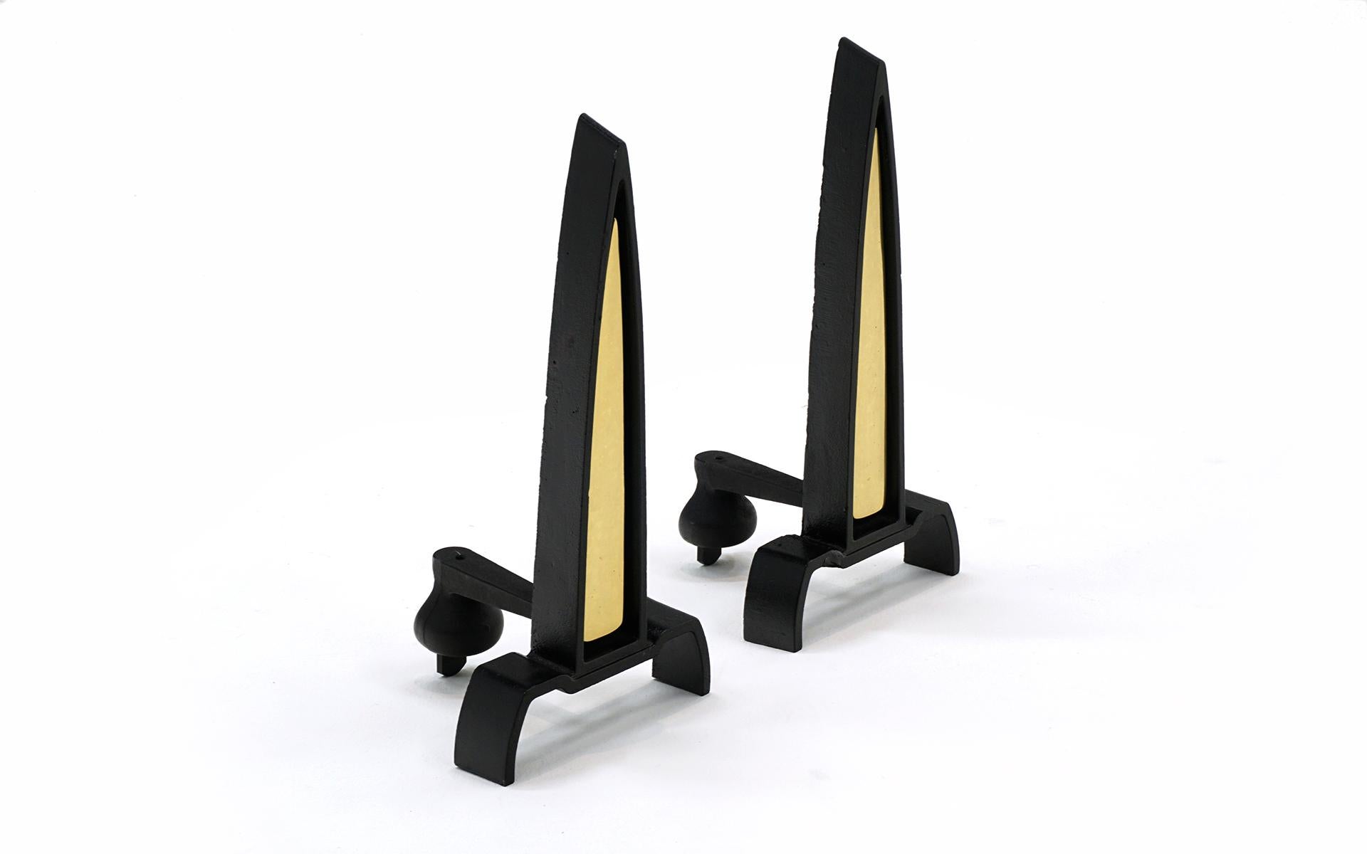 Mid-Century Modern Donald Deskey Andirons in Brass and Iron For Sale