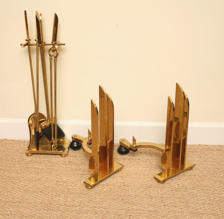 American Donald Deskey Art Deco Brass Andirons and Fireplace Set Vintage Rare For Sale
