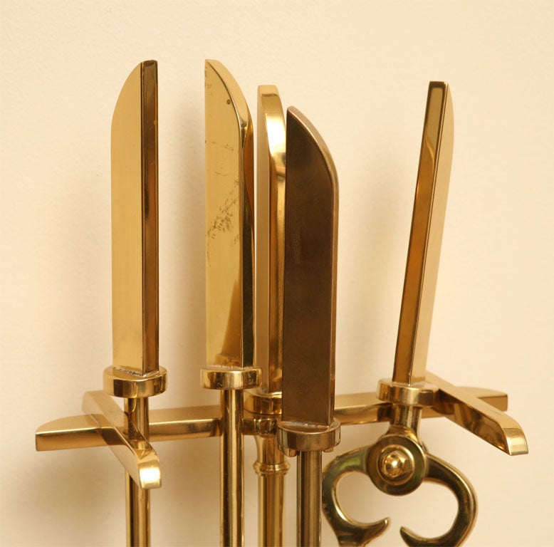 Donald Deskey Art Deco Brass Andirons and Fireplace Set Vintage Rare In Good Condition For Sale In North Miami, FL
