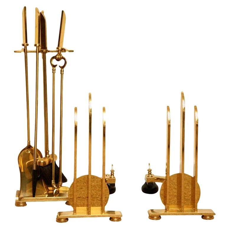 Donald Deskey Art Deco Brass Andirons and Fireplace Set Vintage Rare