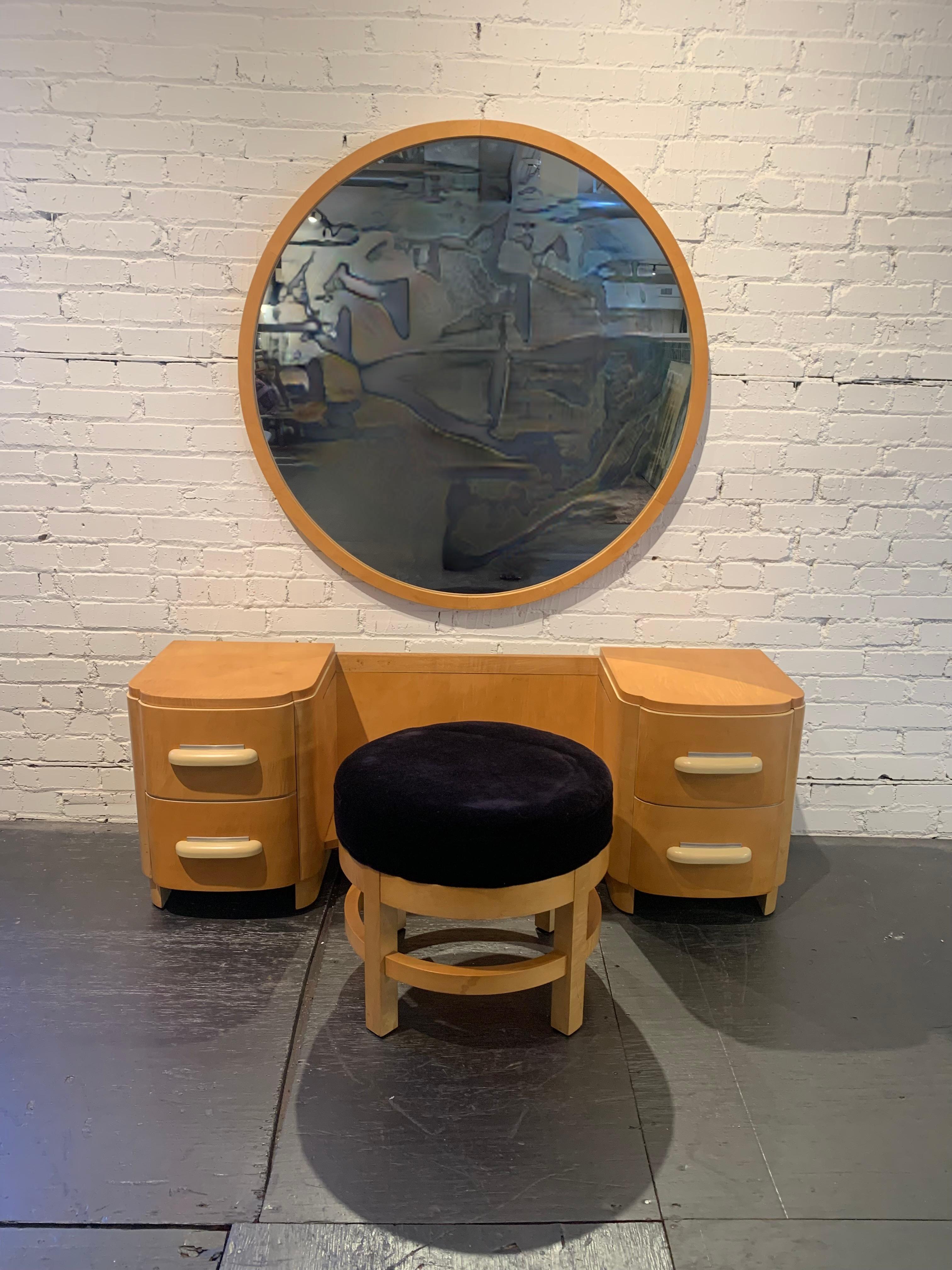 Mid-20th Century Donald Deskey Art Deco Dressing Table Vanity with Round Mirror for Widdicomb  For Sale