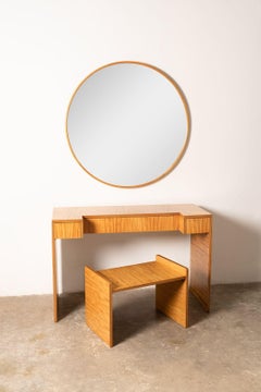 Donald Deskey Art Deco Vanity + Stool & Mirror in Highly Figured Avodire 1940s