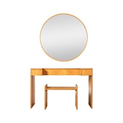 Donald Deskey Art Deco Vanity + Stool & Mirror in Highly Figured Avodire 1940s