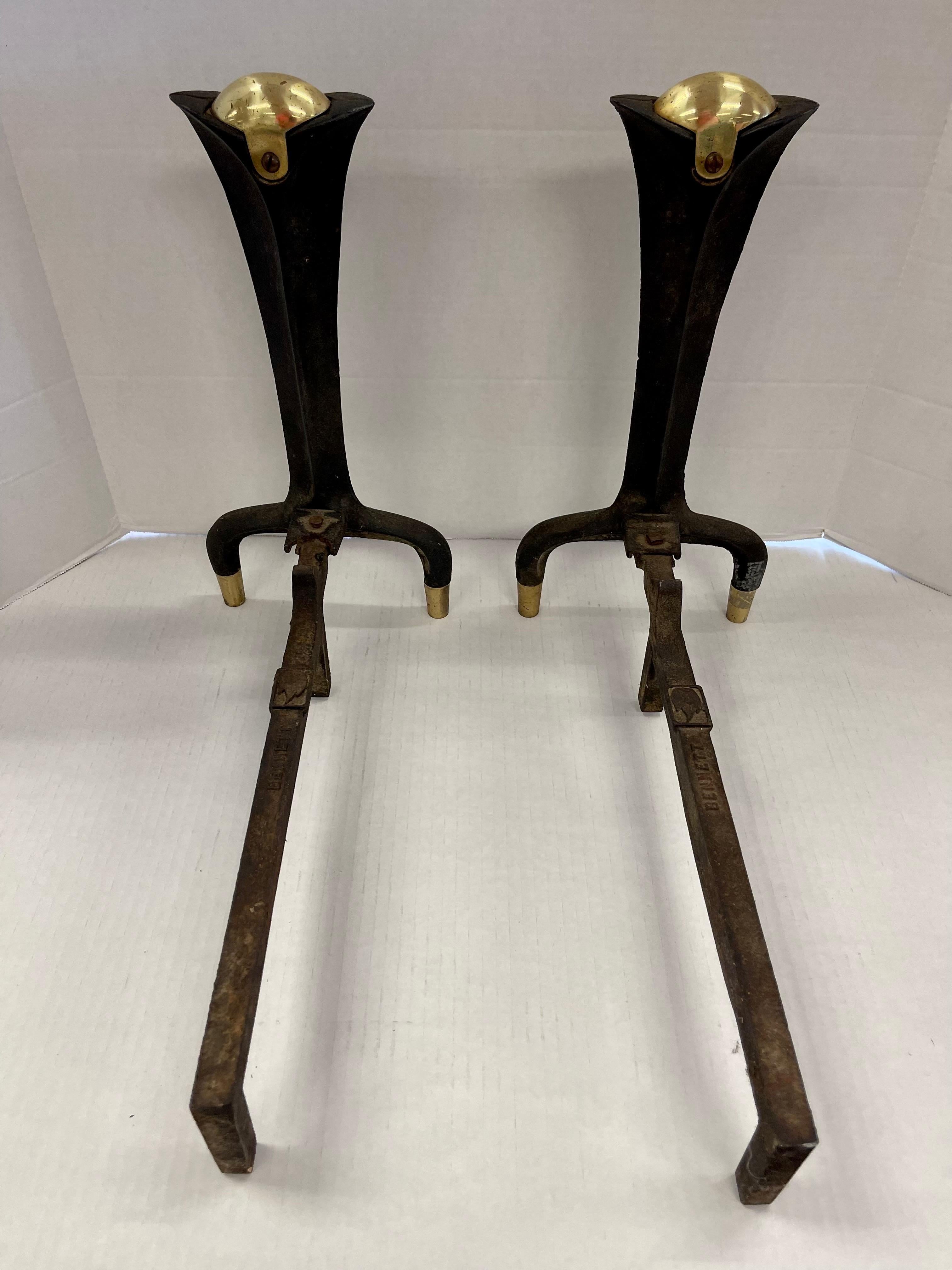 Donald Deskey Bennett Cast Iron and Brass Coveted Andirons For Sale 5