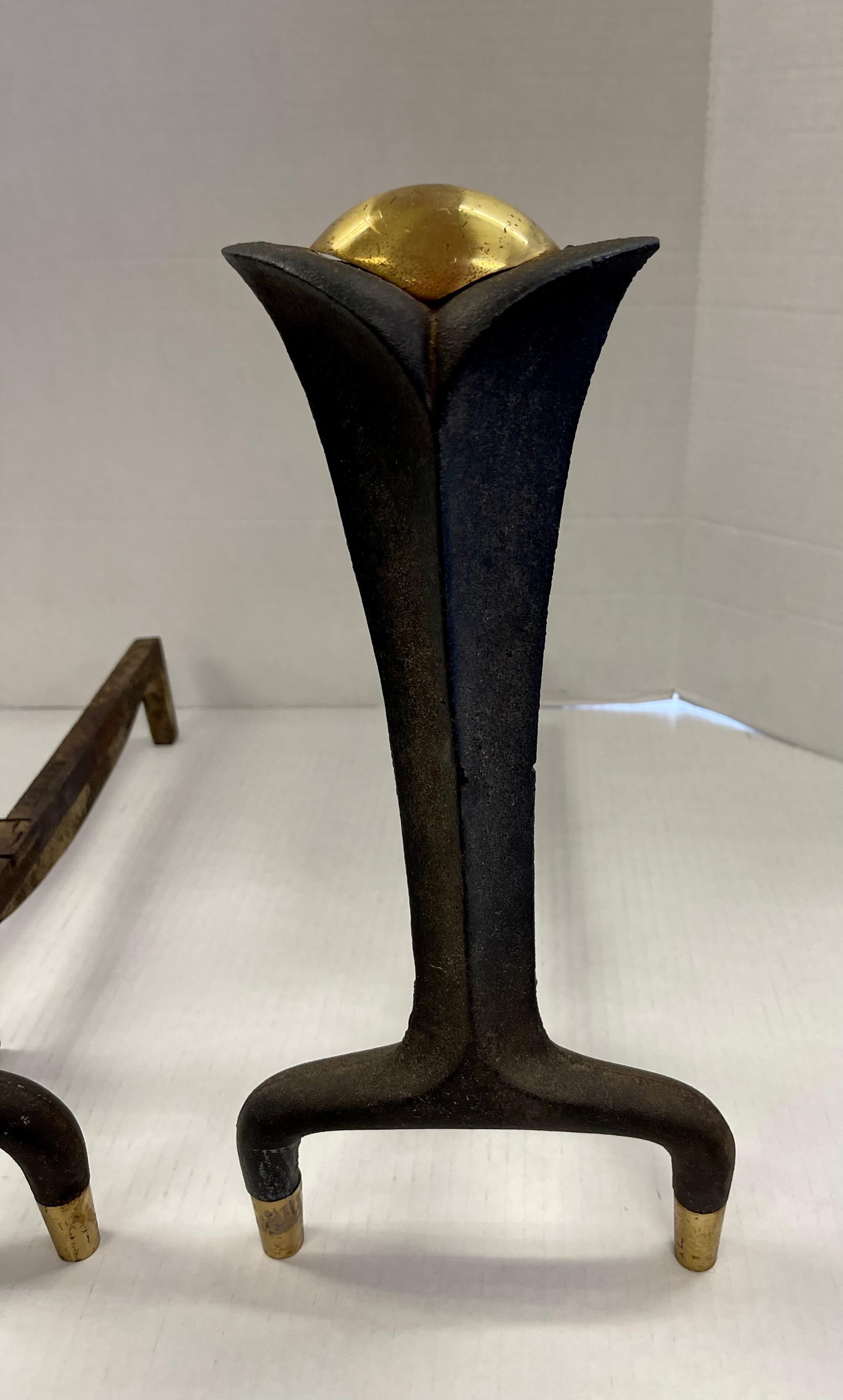 Donald Deskey Bennett Cast Iron and Brass Coveted Andirons In Good Condition For Sale In West Hartford, CT