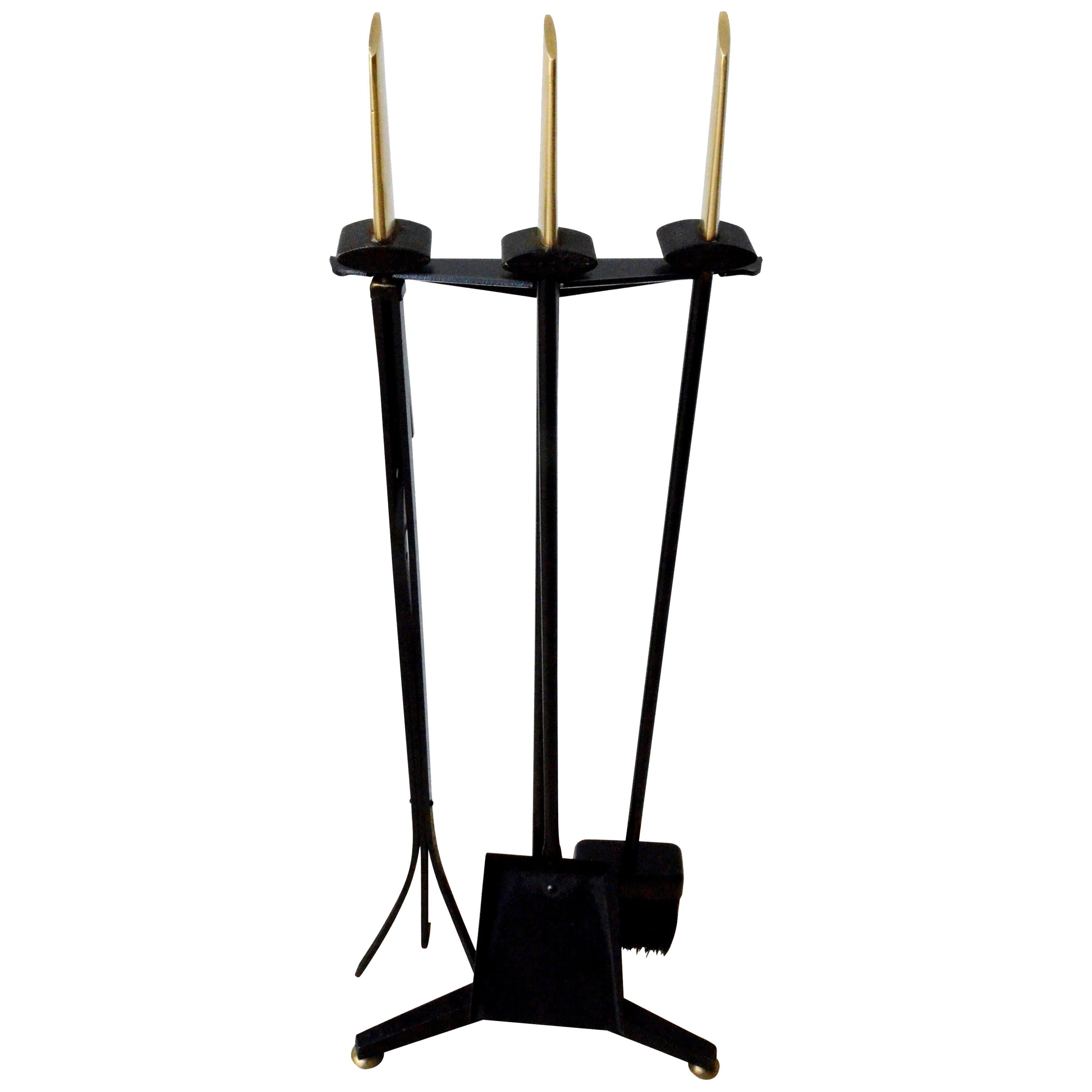 Donald Deskey Black Wrought Iron with Brass Accent Fireplace Tools and Stand For Sale