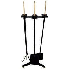 Donald Deskey Black Wrought Iron with Brass Accent Fireplace Tools and Stand