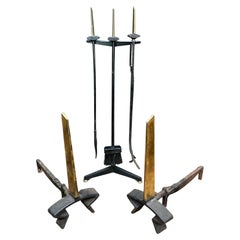 Donald Deskey Set di strumenti per il fuoco a lama d'ottone Vintage 1960