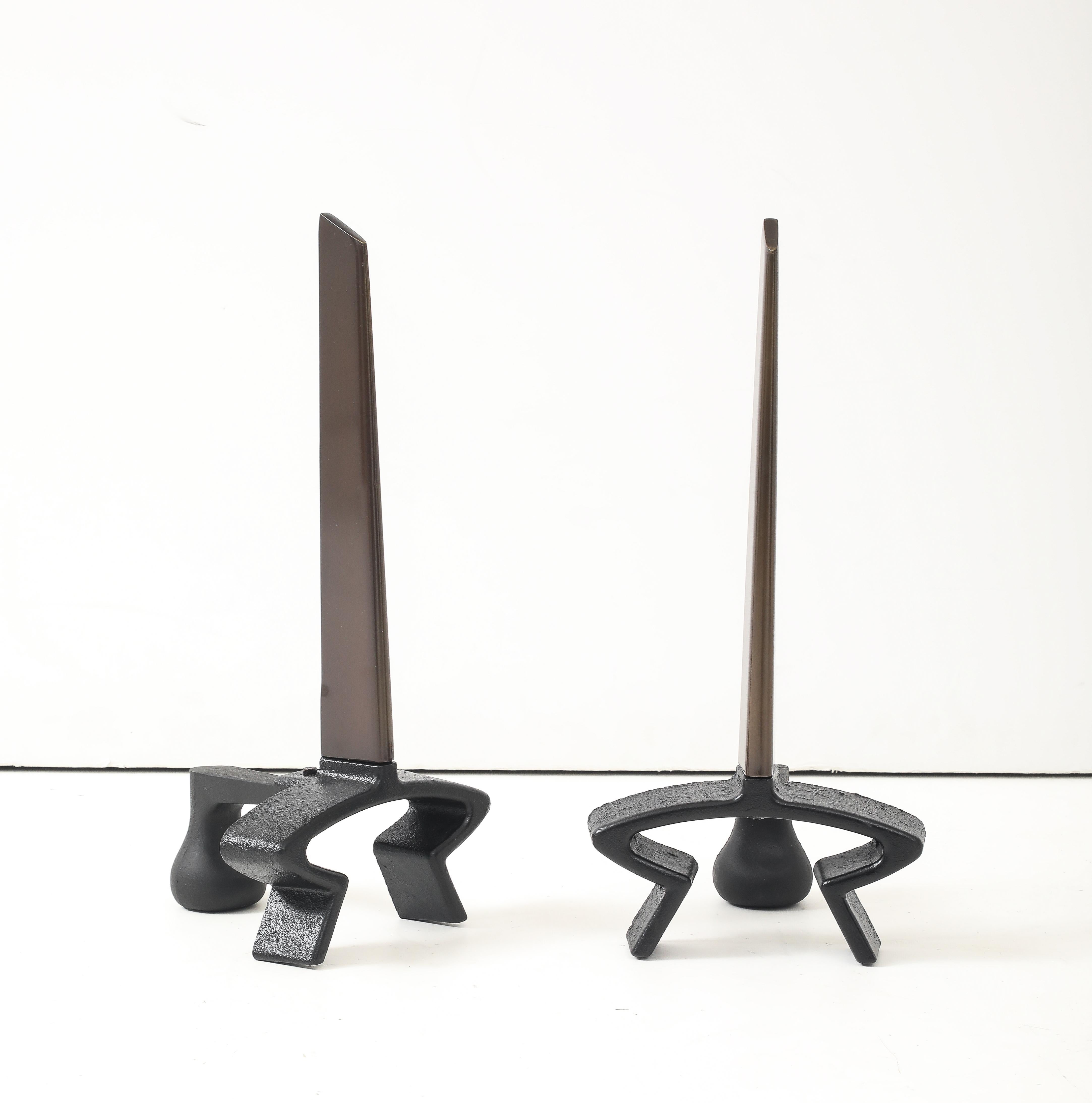 American Donald Deskey Bronze Blade Andirons For Sale