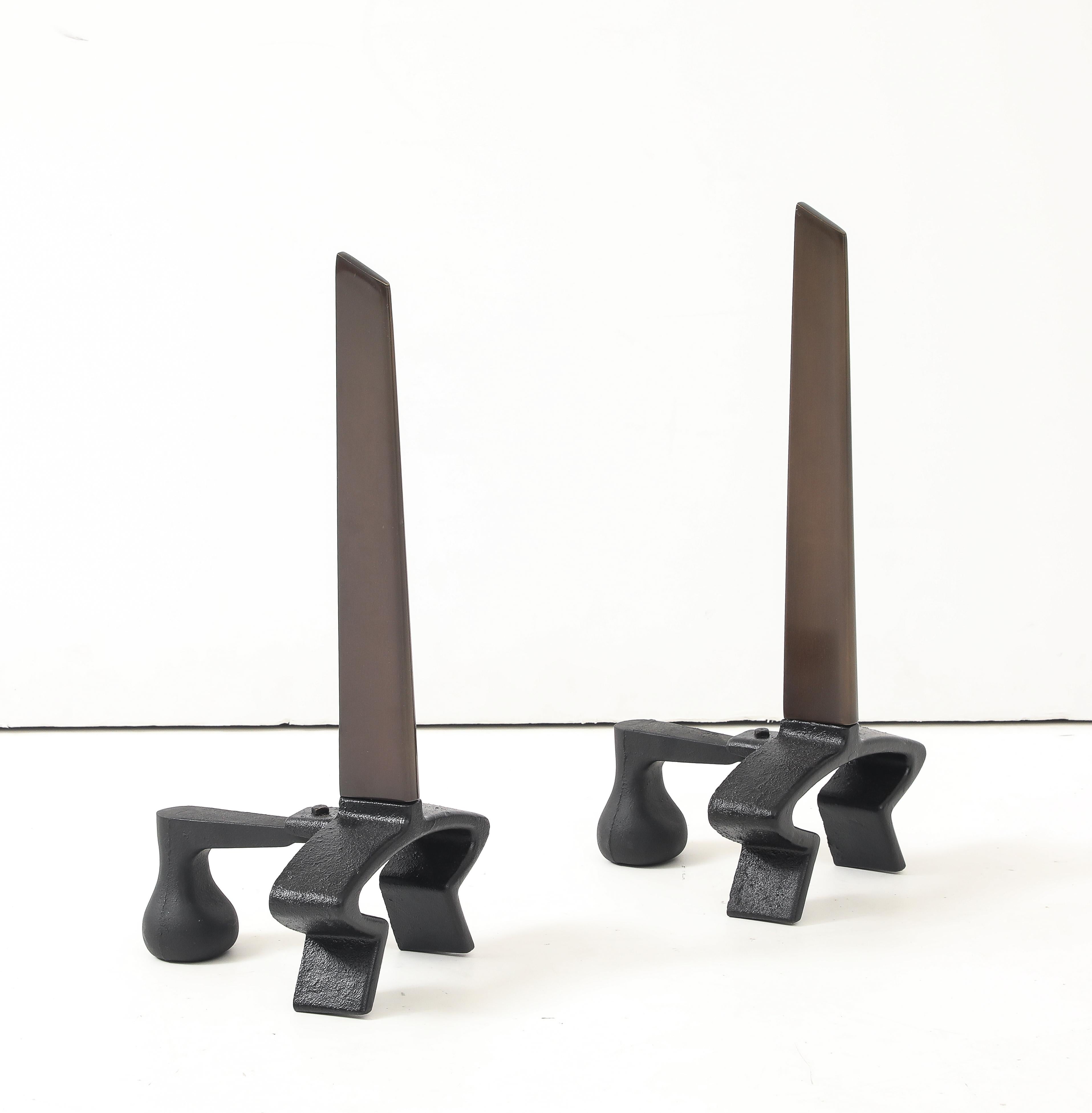 Donald Deskey Bronze Blade Andirons In Excellent Condition For Sale In New York, NY