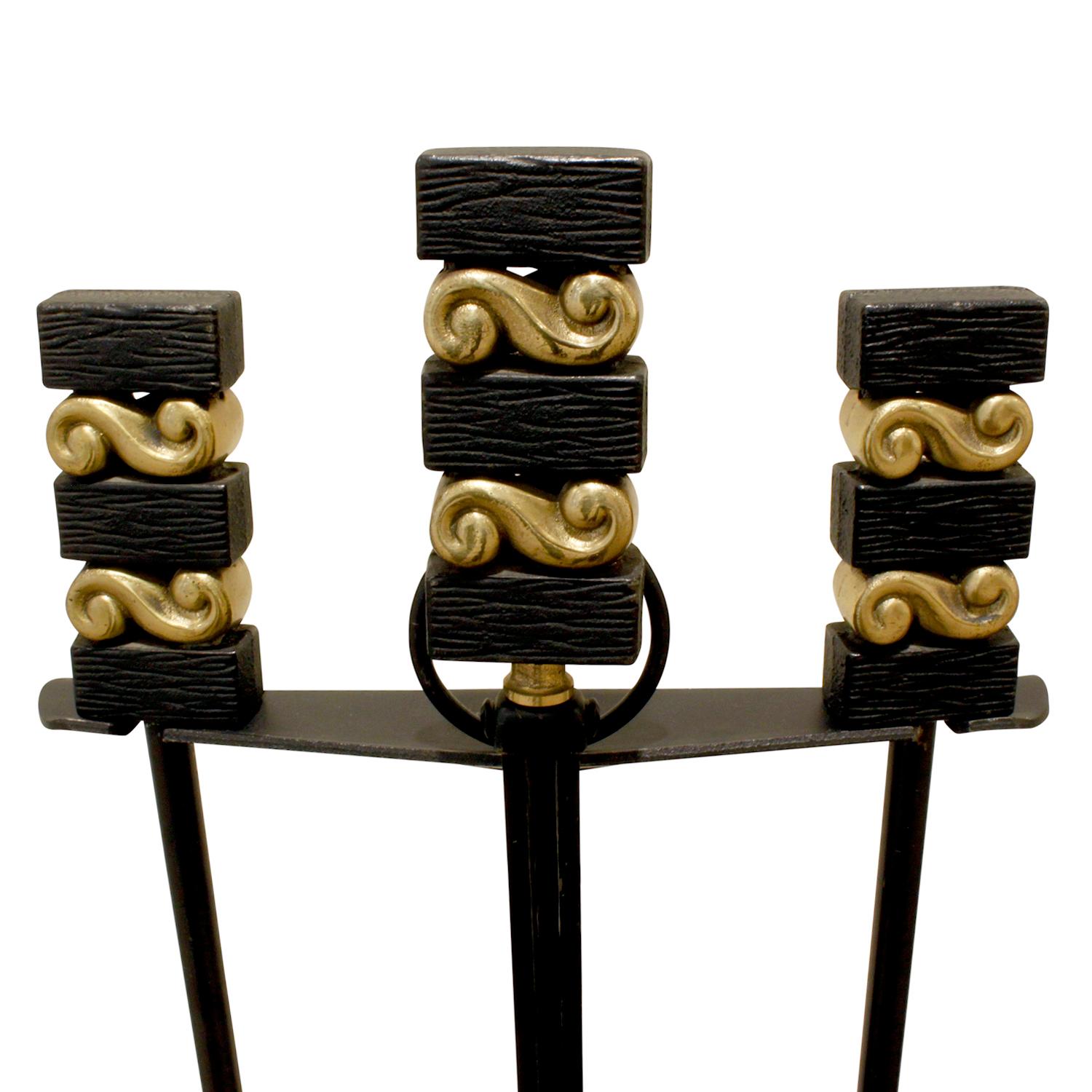 American Donald Deskey Fireplace Tool Set in Wrought Iron and Brass, 1950s