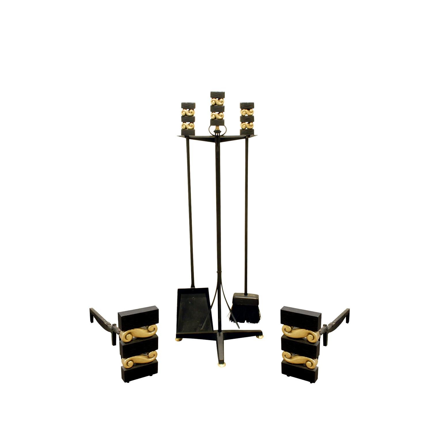 Donald Deskey Fireplace Tool Set in Wrought Iron and Brass, 1950s In Excellent Condition In New York, NY