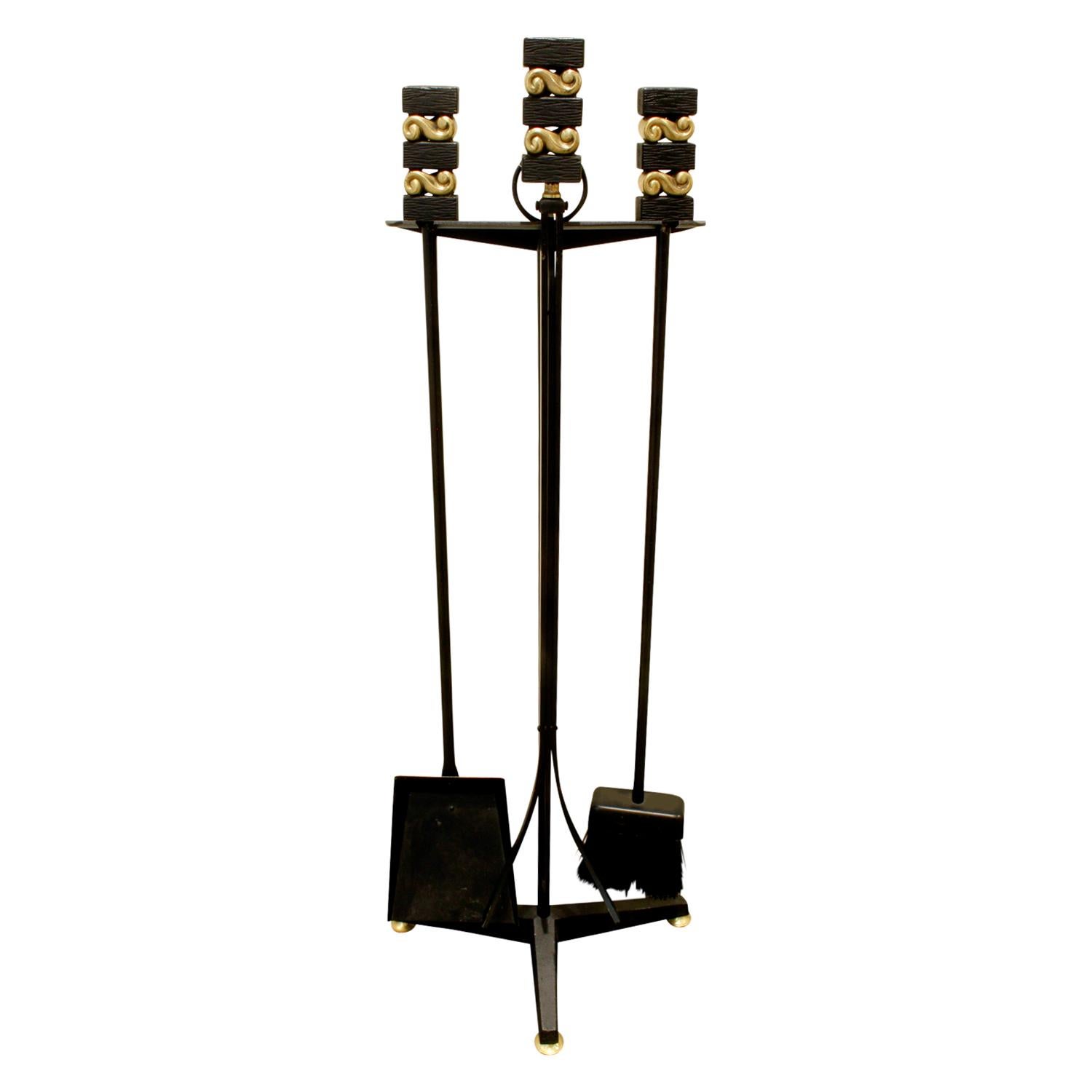 Donald Deskey Fireplace Tool Set in Wrought Iron and Brass, 1950s