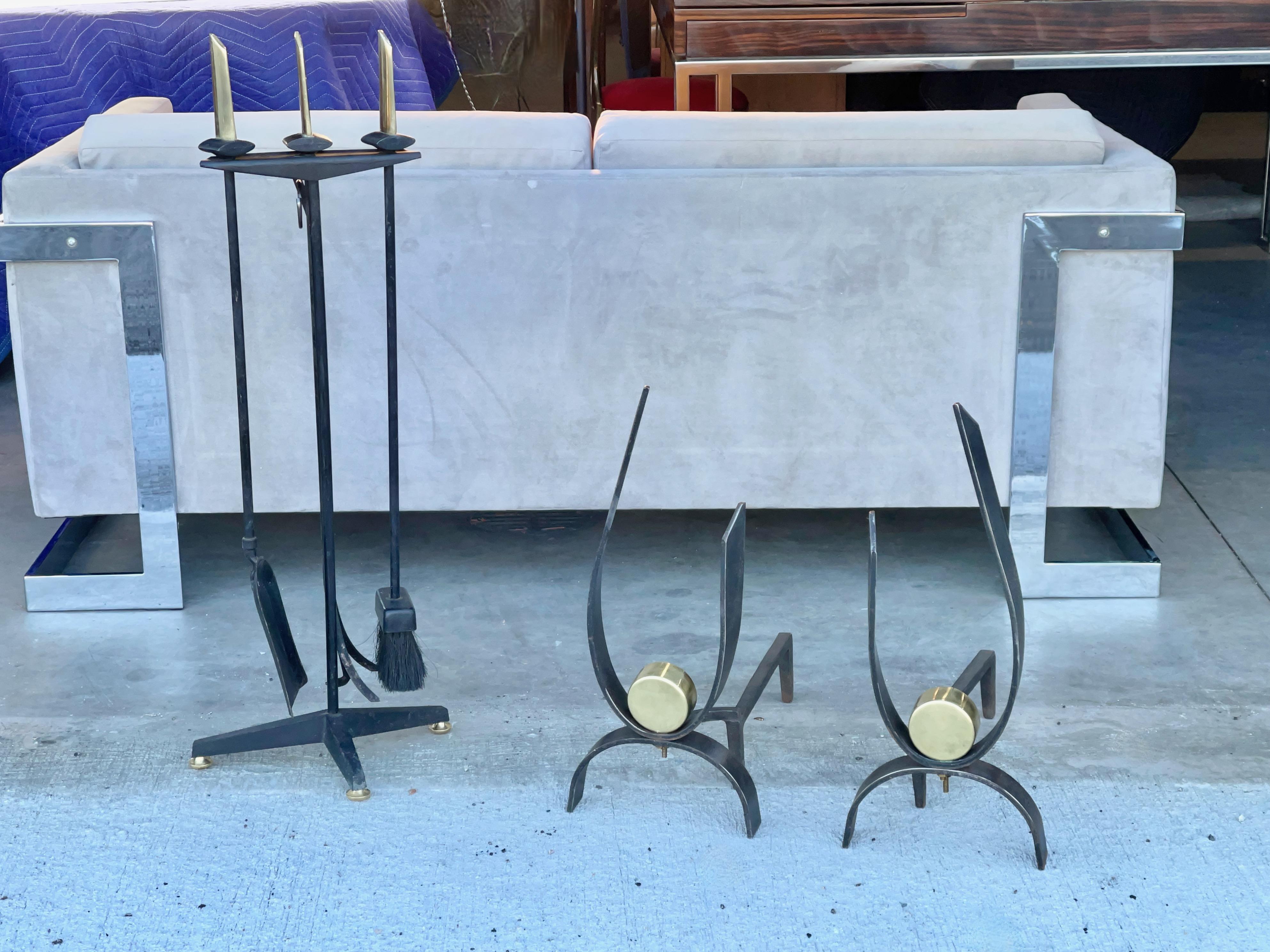 Mid-Century Modern Donald Deskey Fireplace Tools in Brass & Iron Tripod Stand For Sale