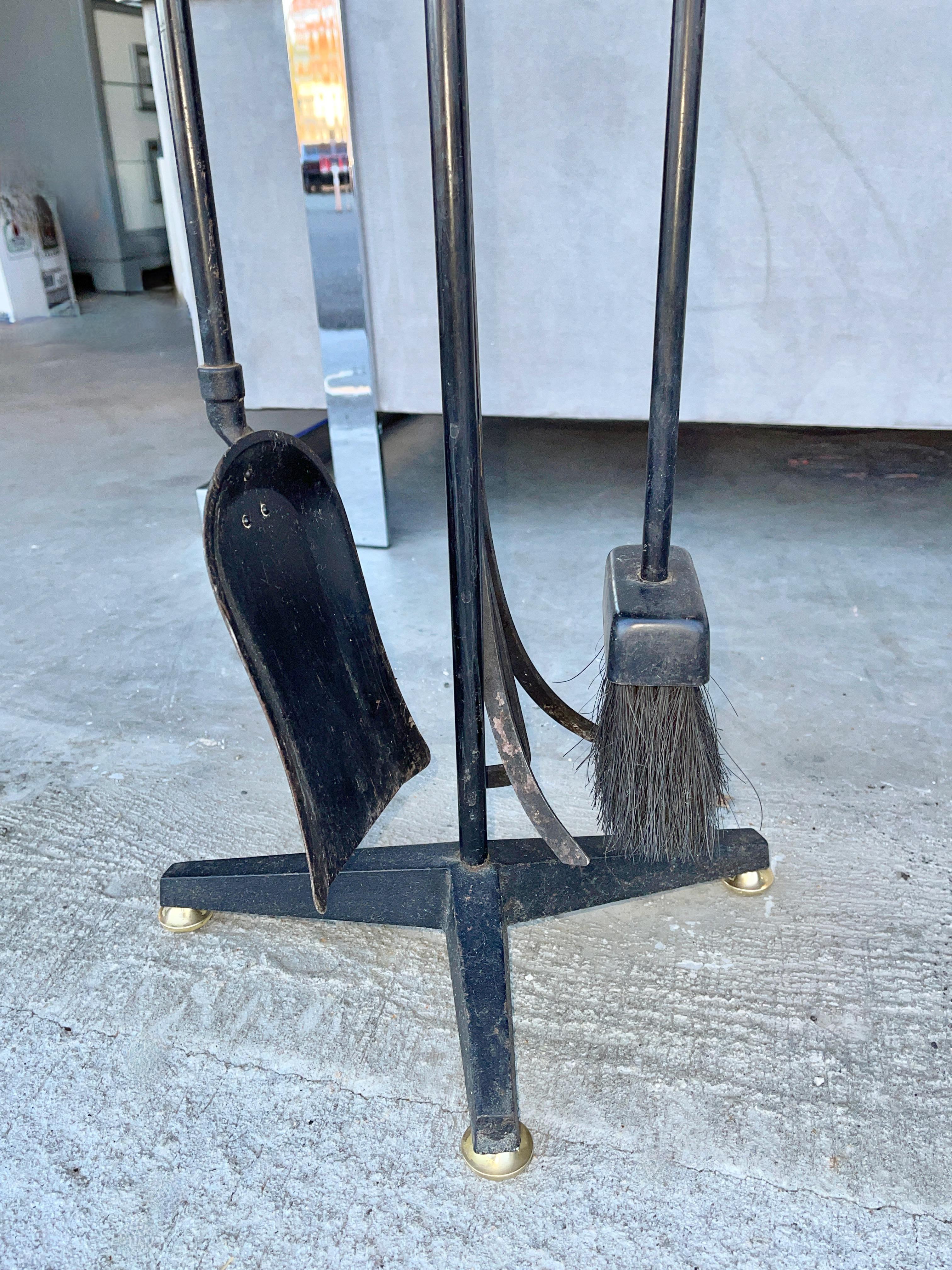 Mid-20th Century Donald Deskey Fireplace Tools in Brass & Iron Tripod Stand For Sale