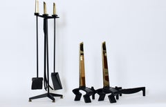 Donald Deskey for Bennett Polished Brass 3 PC. Fire Tool Set + Stand & Andirons