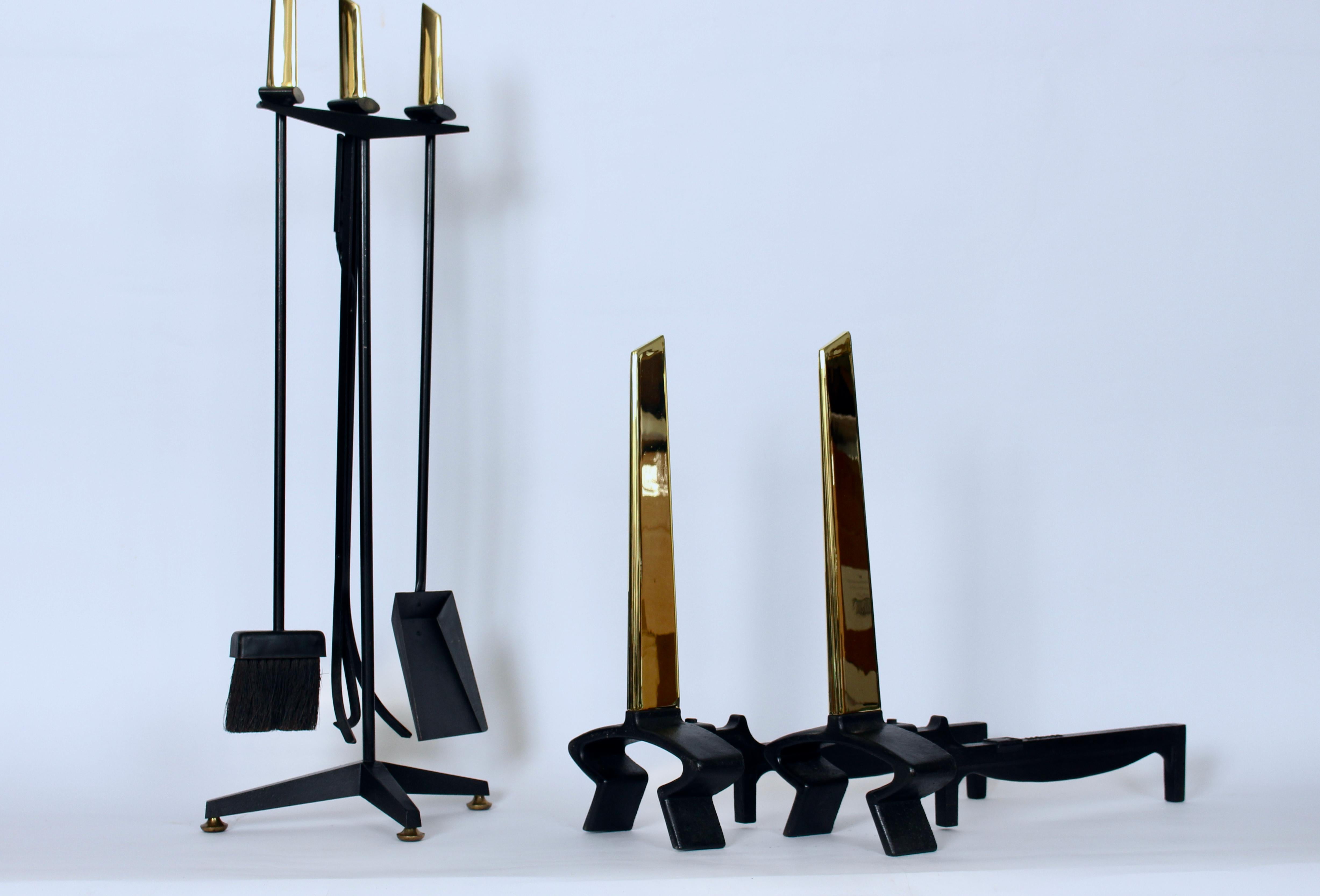 Donald Deskey for Bennett Brass & Iron Andirons with Fire Tool Set & Stand For Sale 13