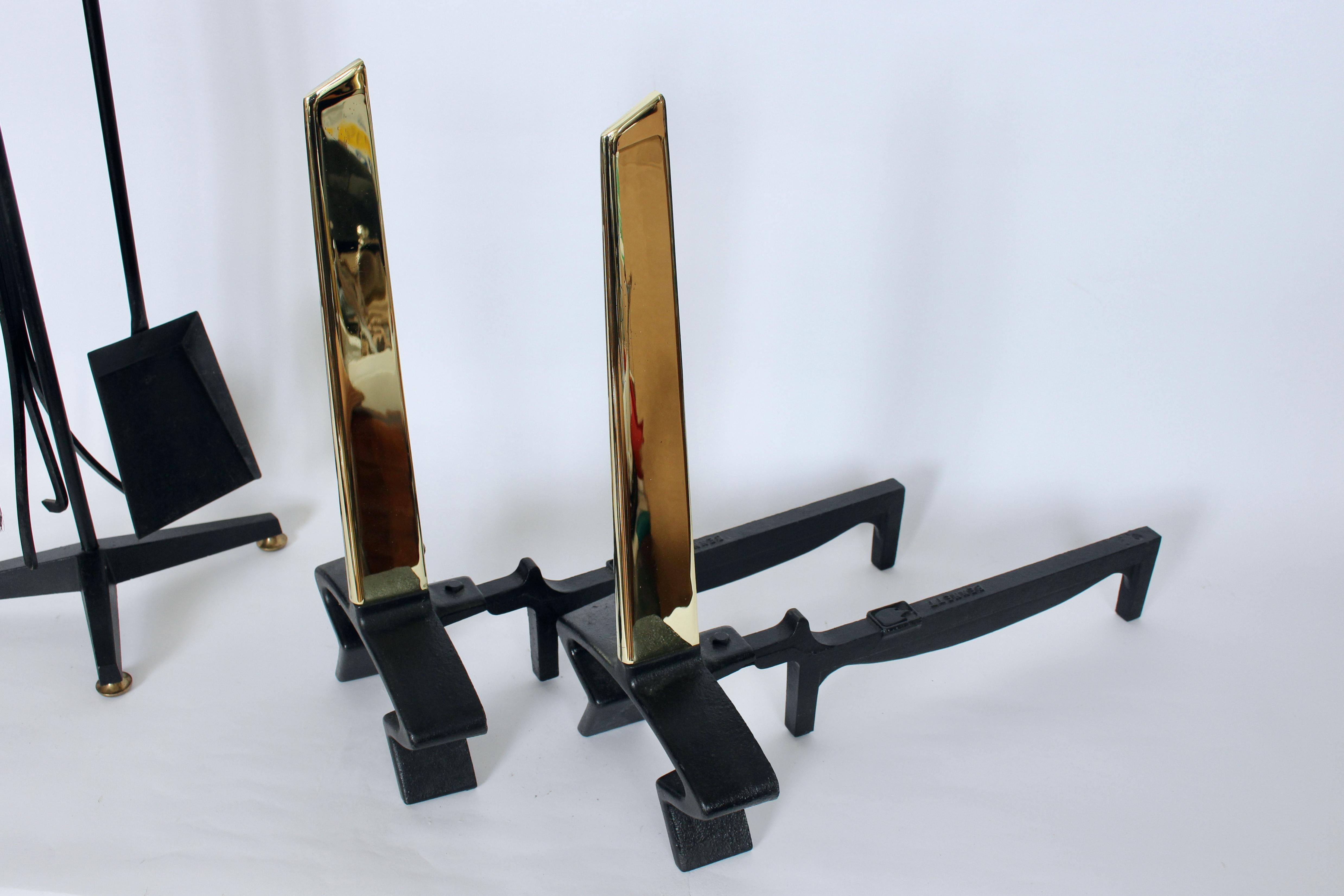 Donald Deskey for Bennett Brass & Iron Andirons with Fire Tool Set & Stand In Good Condition For Sale In Bainbridge, NY