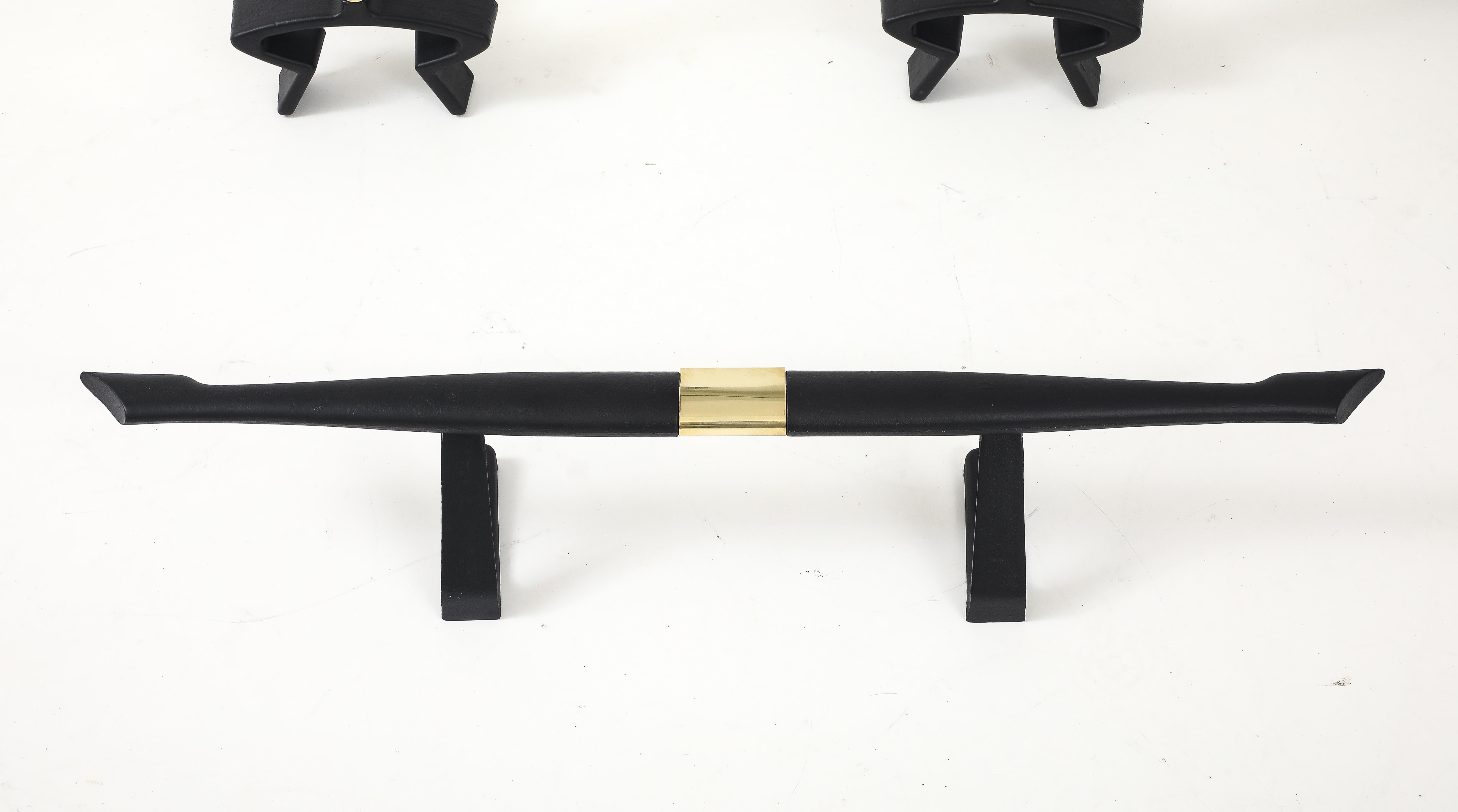 Amazing set of 1960's mid-century modern brass and iron complete fireplace set designed by Donald Deskey for Bennett, the set includes fireplace tools, andirons and fire guard in vintage condition with minor wear and patina due to age and use,
