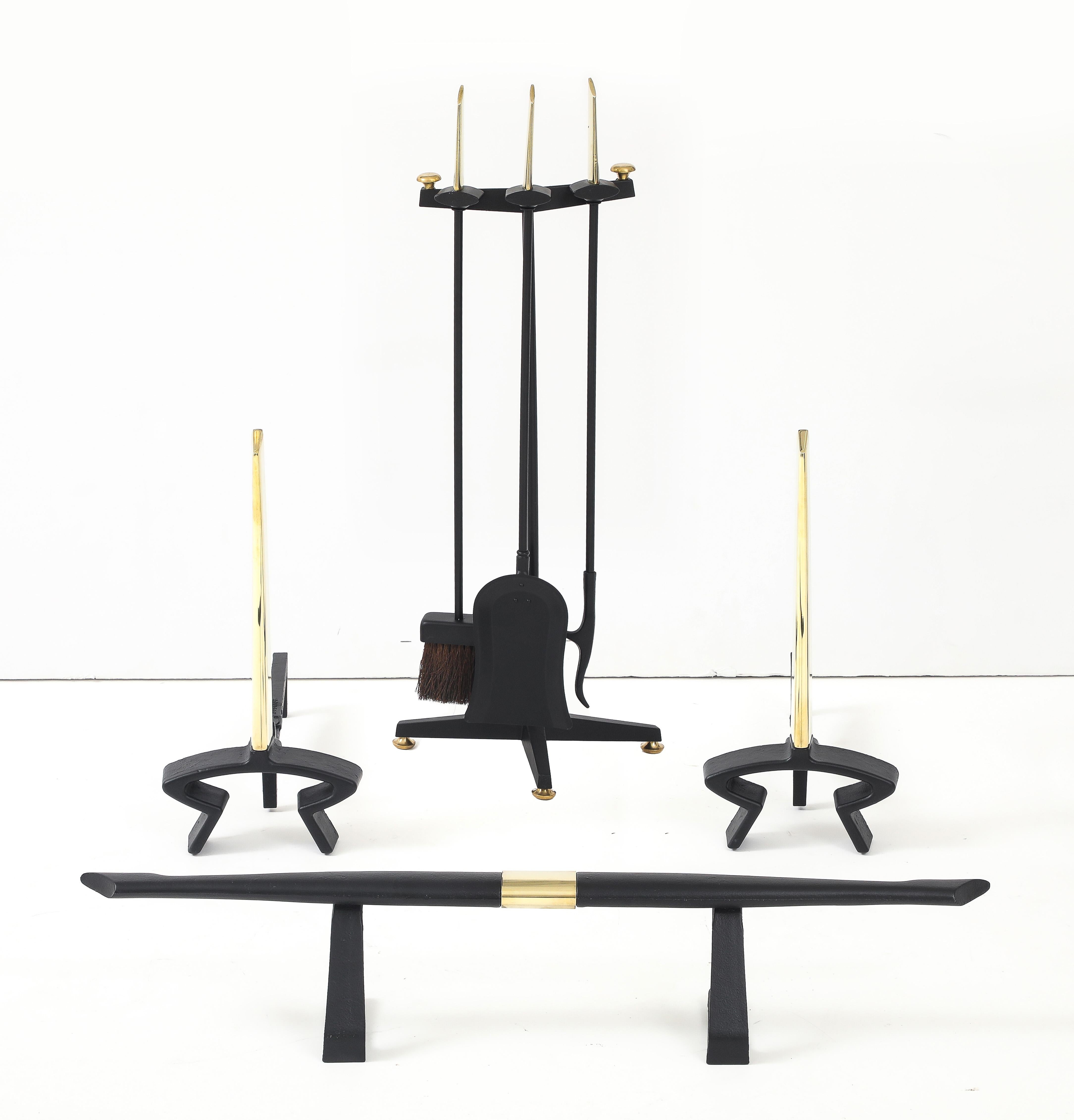 Brass Donald Deskey For Bennett Complete Fireplace Set For Sale