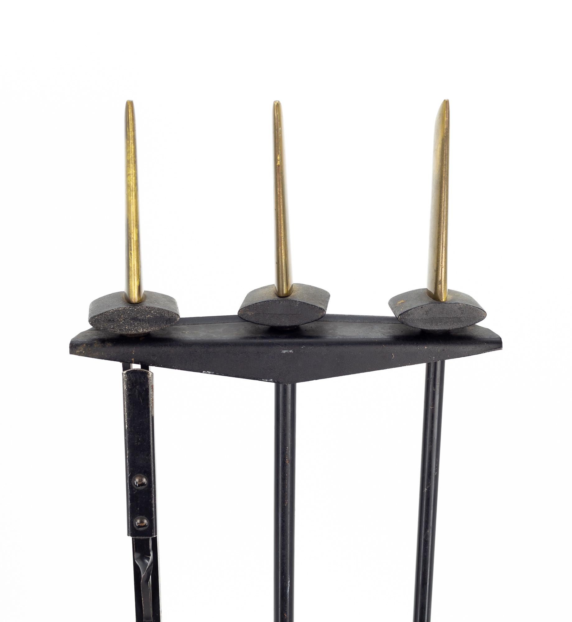 Mid-Century Modern Donald Deskey for Bennett Mid-Century Iron and Brass Andirons Fireplace Tool Set For Sale