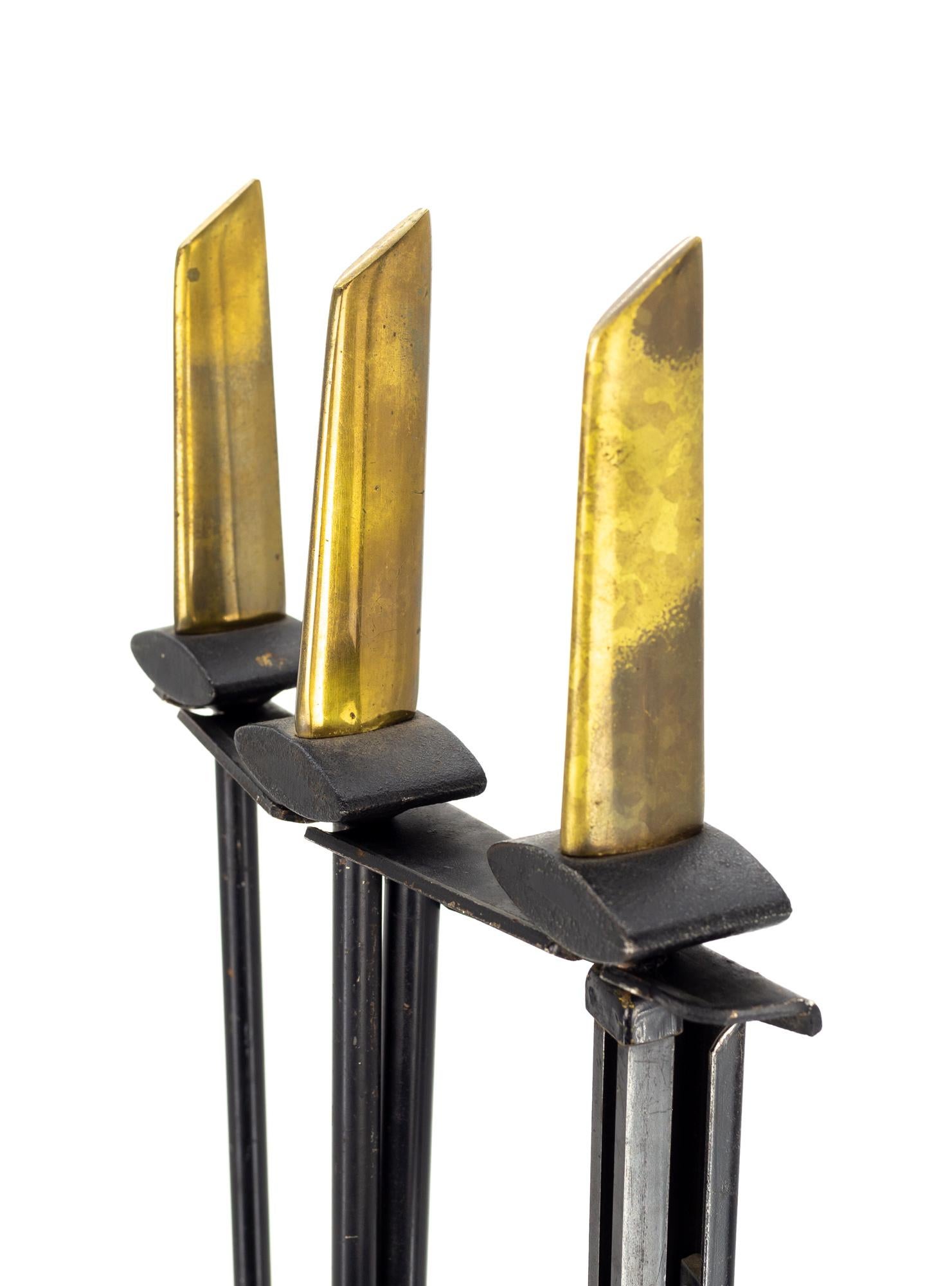Late 20th Century Donald Deskey for Bennett Mid-Century Iron and Brass Andirons Fireplace Tool Set For Sale