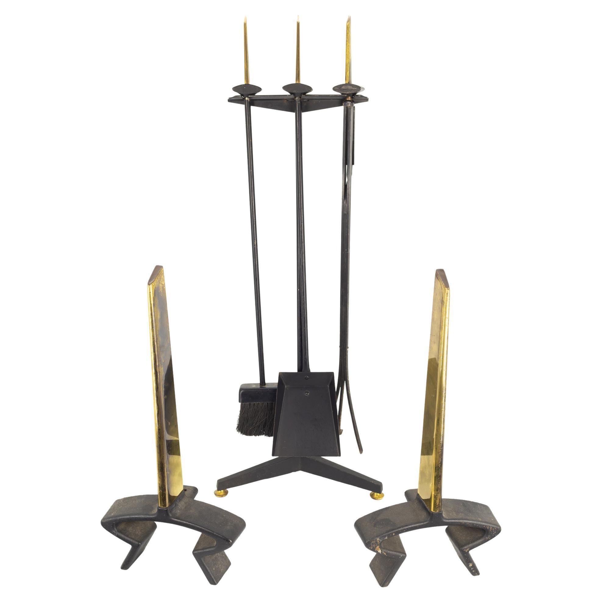 Donald Deskey for Bennett Mid-Century Iron and Brass Andirons Fireplace Tool Set For Sale