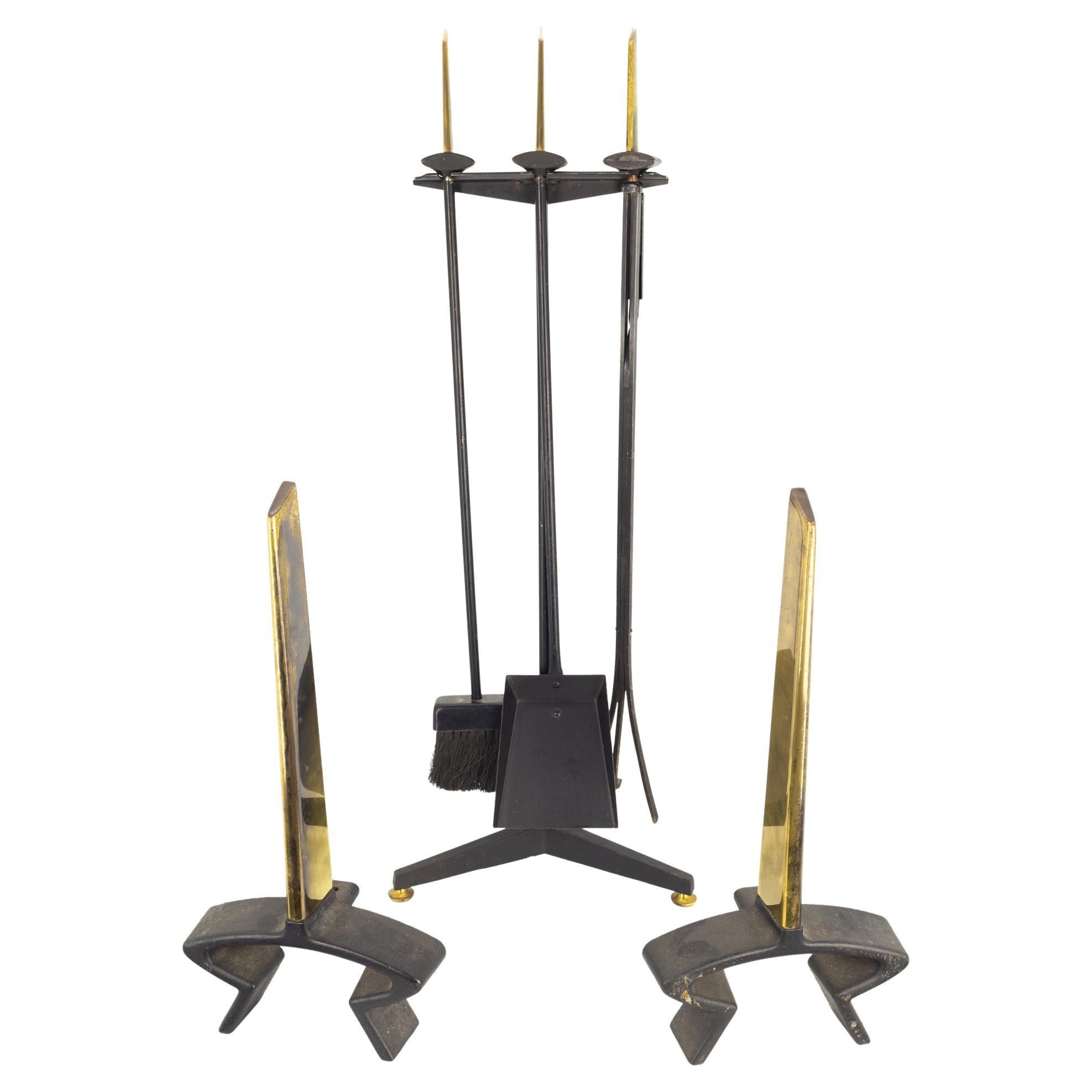 Donald Deskey for Bennett Mid-Century Iron and Brass Andirons Fireplace Tool Set