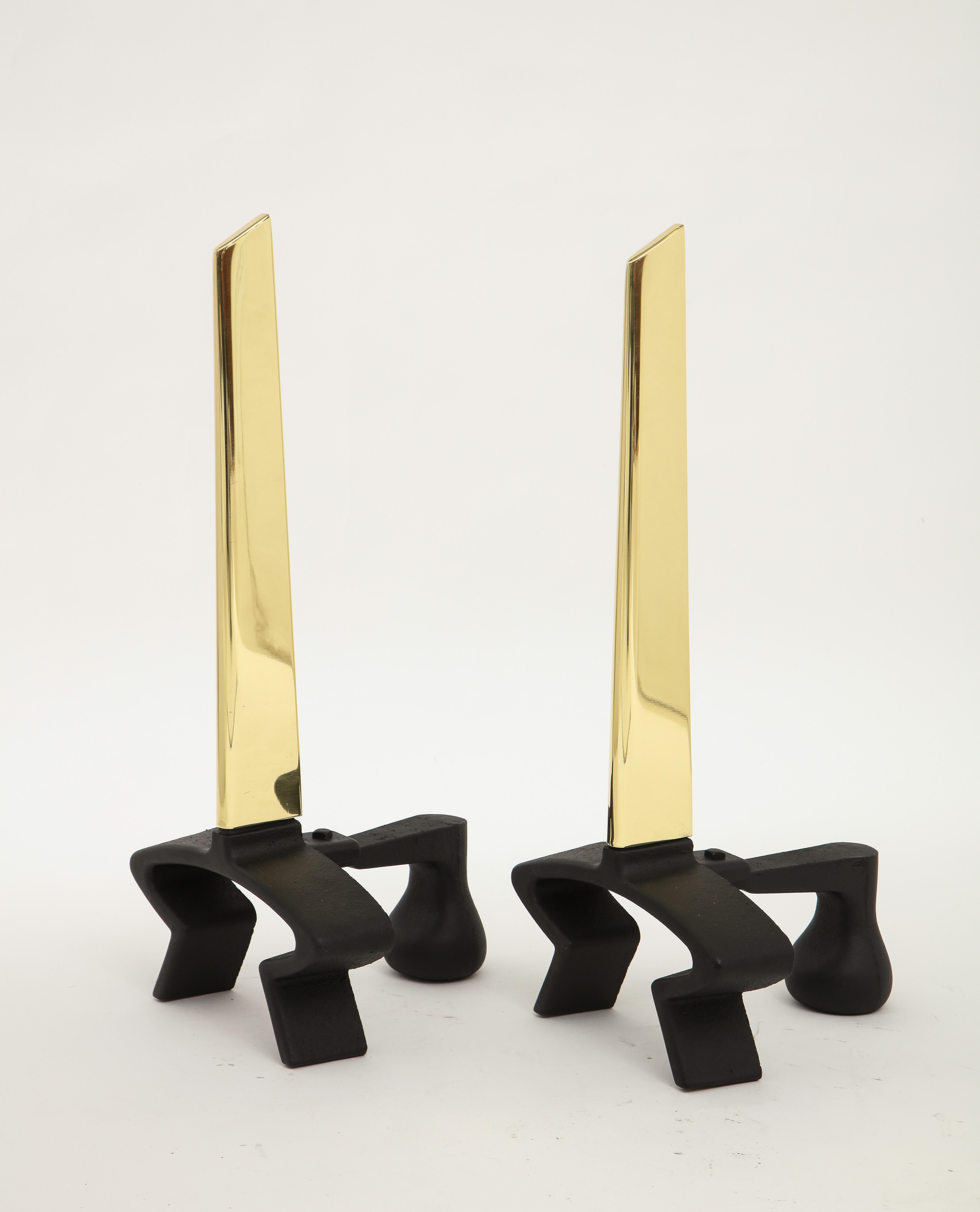 Mid-Century Modern Donald Deskey Iron, Brass Blade Andirons For Sale