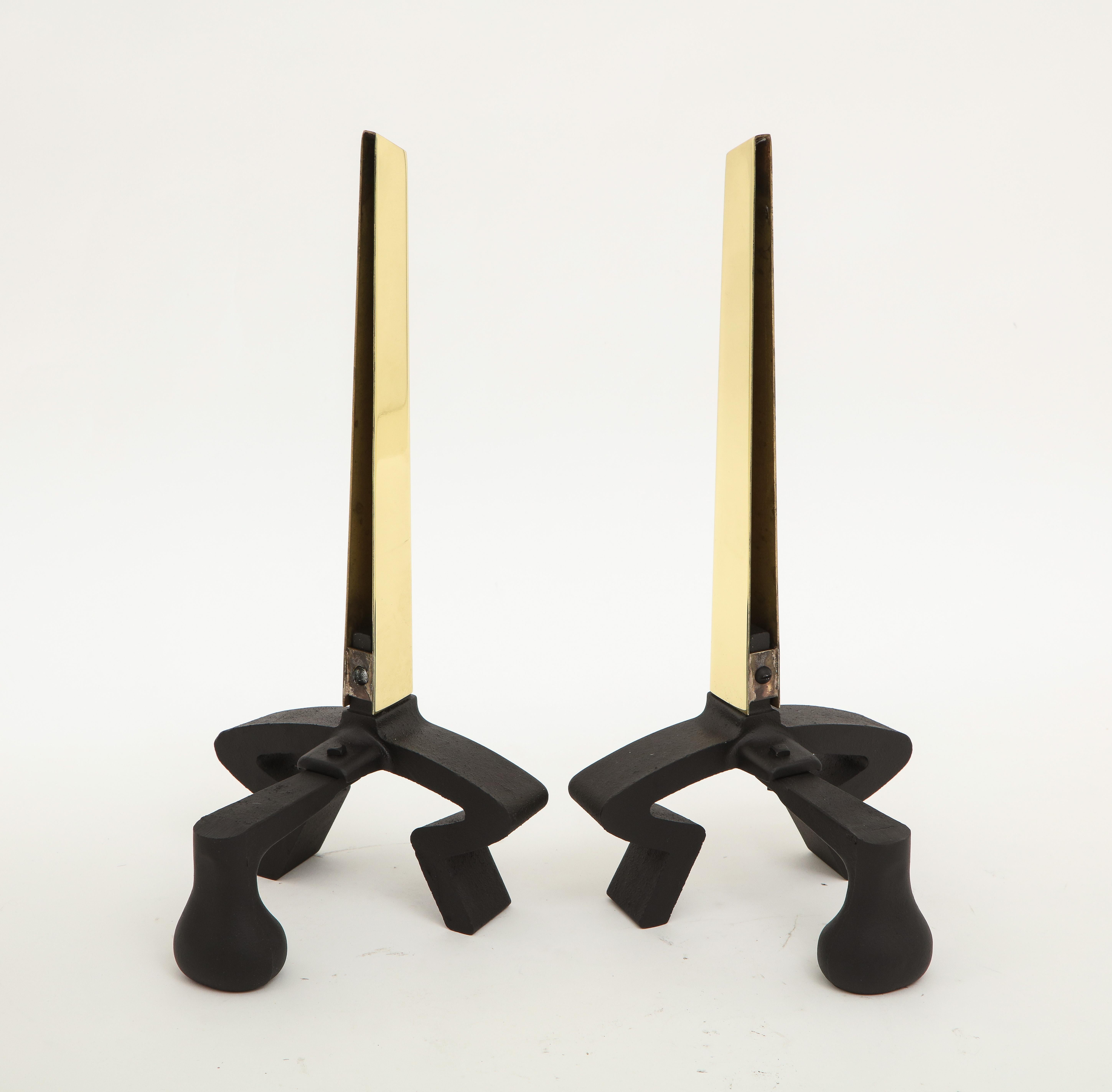 20th Century Donald Deskey Iron, Brass Blade Andirons For Sale