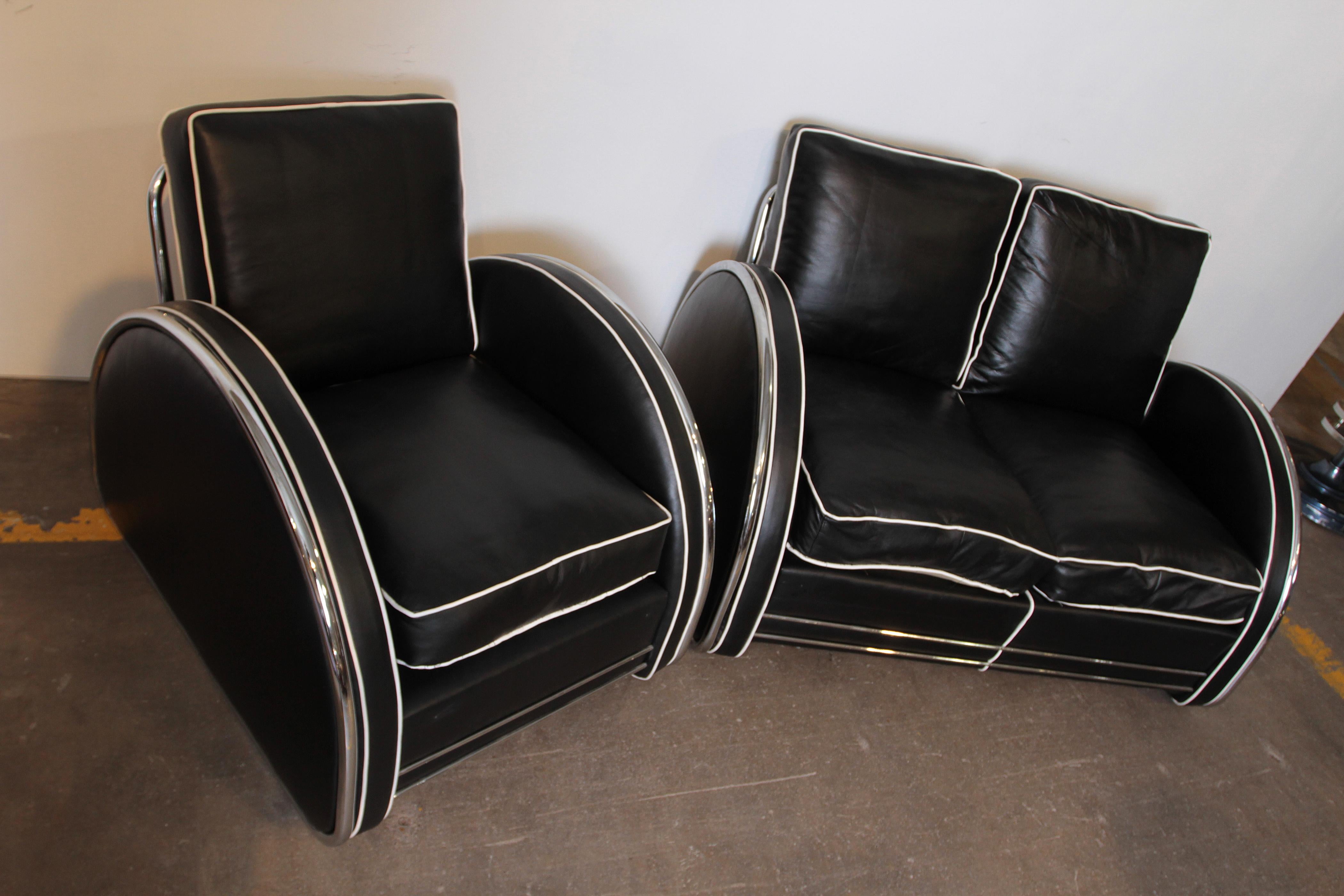 Donald Deskey Machine Age Art Deco Royalchrome Settee and Chair Living Room Set 1