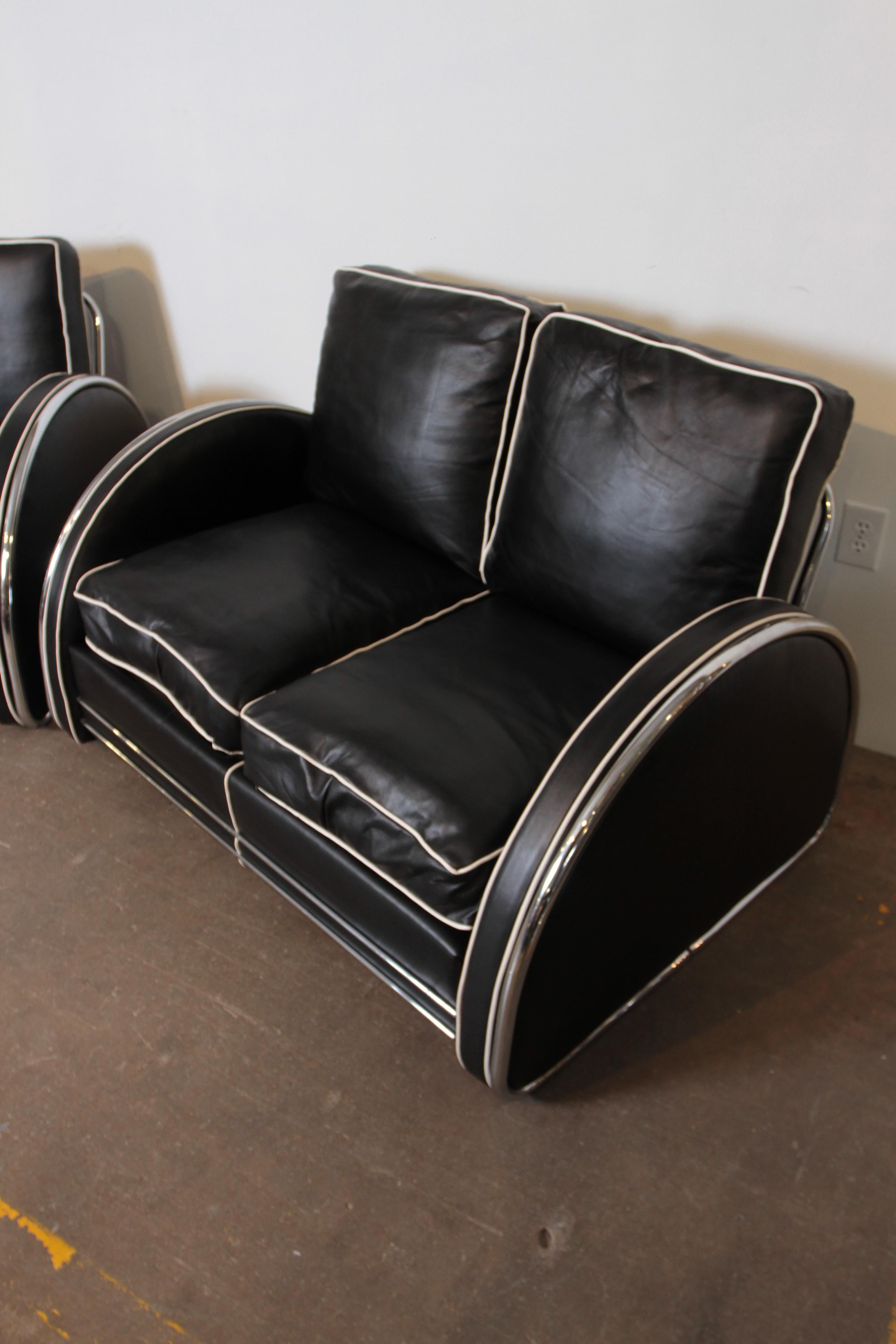 Donald Deskey Machine Age Art Deco Royalchrome Settee and Chair Living Room Set 4