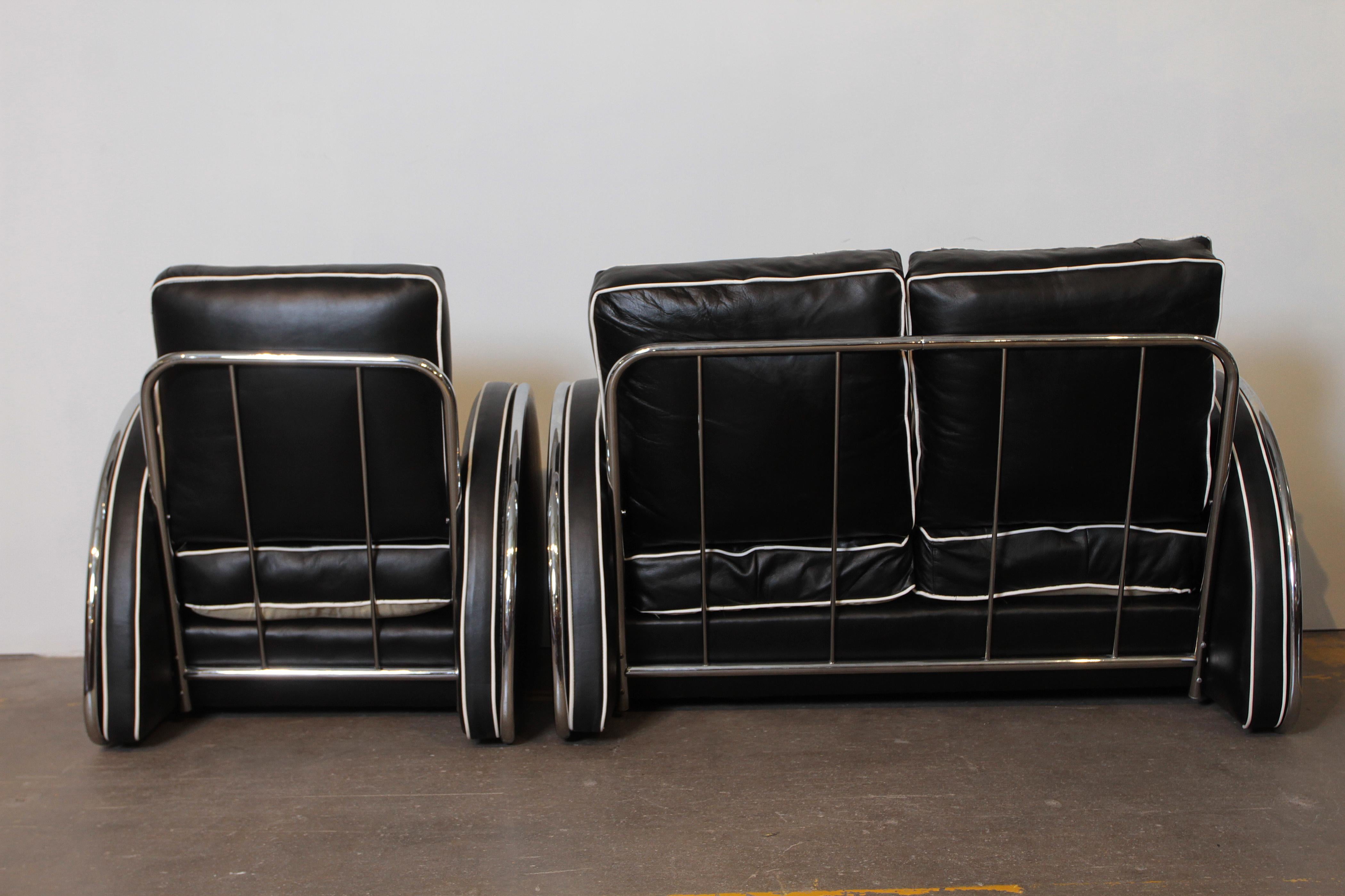 Donald Deskey Machine Age Art Deco Royalchrome Settee and Chair Living Room Set In Excellent Condition In Dallas, TX