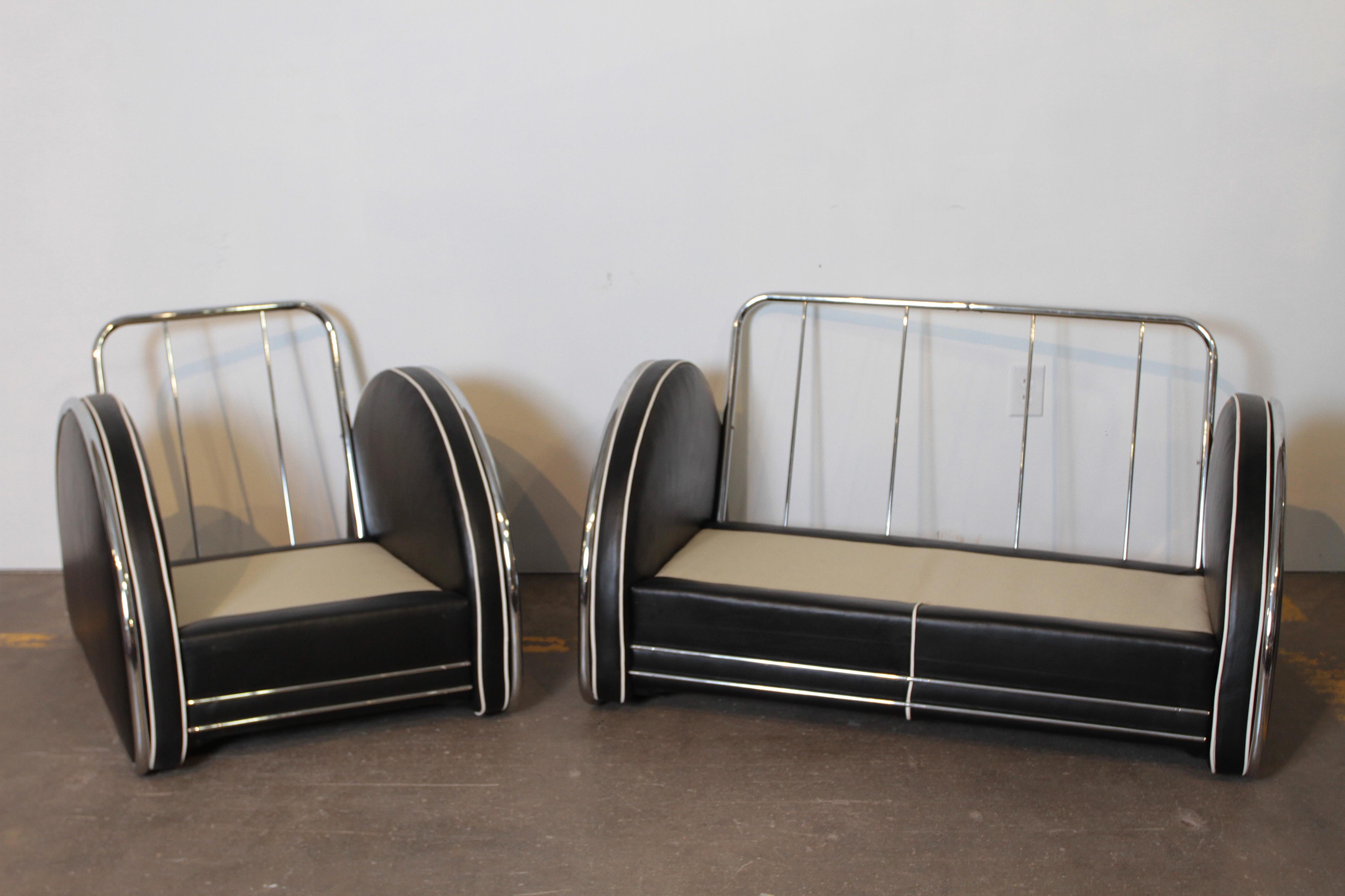 Mid-20th Century Donald Deskey Machine Age Art Deco Royalchrome Settee and Chair Living Room Set