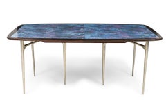 Mesa de comedor moderna Donald Deskey de esmalte azul y acero inoxidable