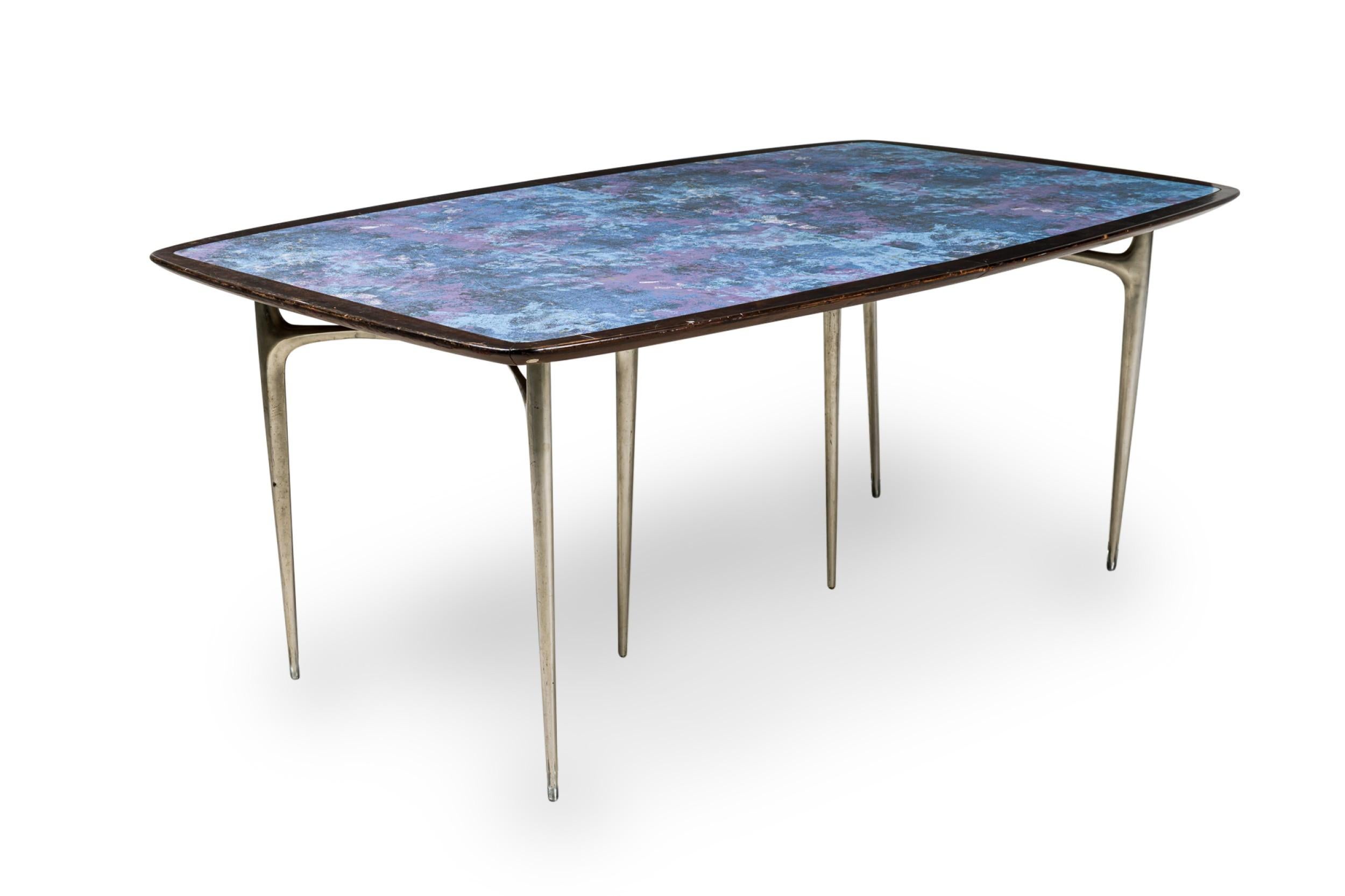 American Donald Deskey Modern Blue Enamel & Stainless Steel Dining Table For Sale