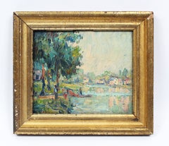 Antique American Impressionist River Boat Signed Original Landscape Oil Painting