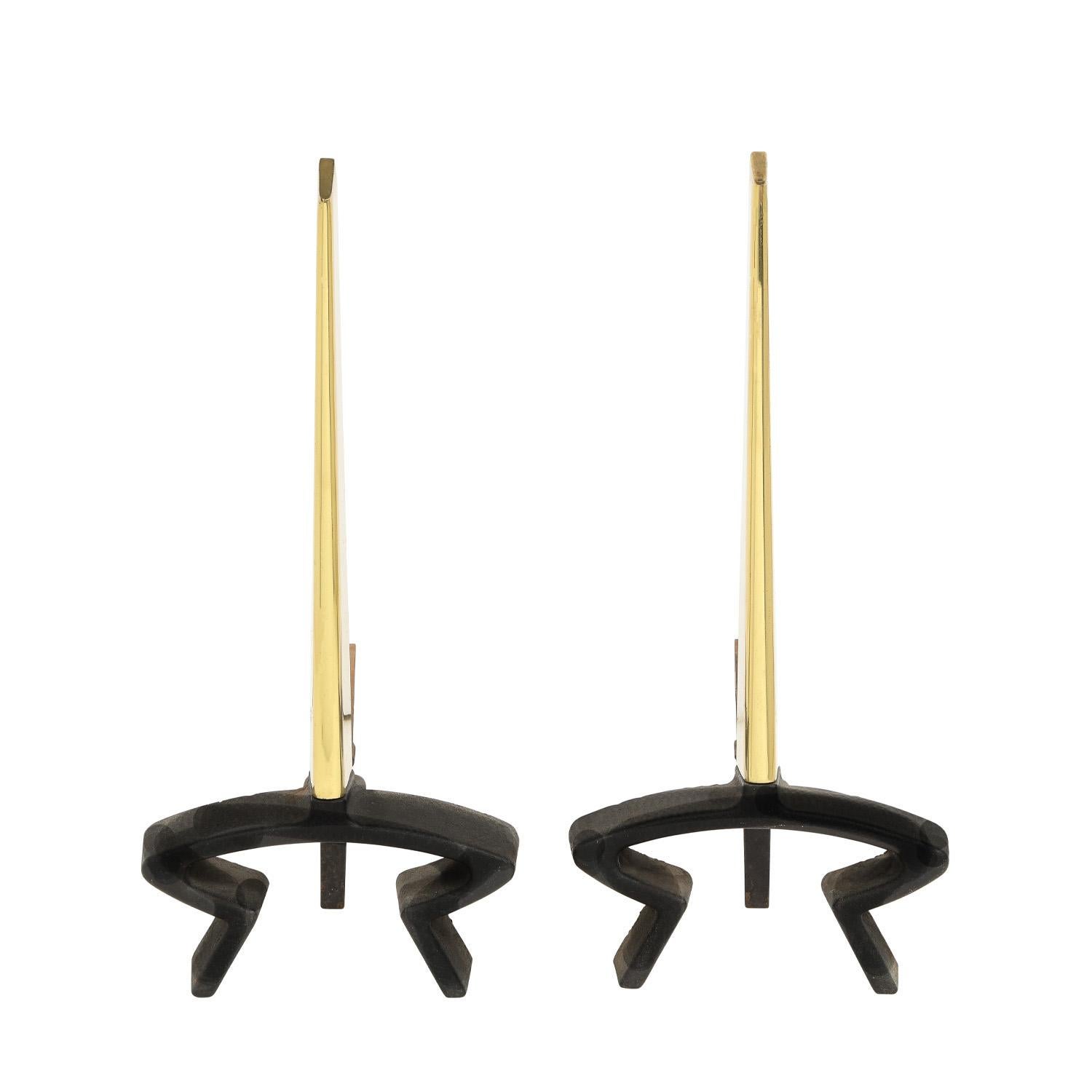 Mid-Century Modern Donald Deskey Pair of Andirons in Wrought Iron and Brass 1950s (Signed) For Sale