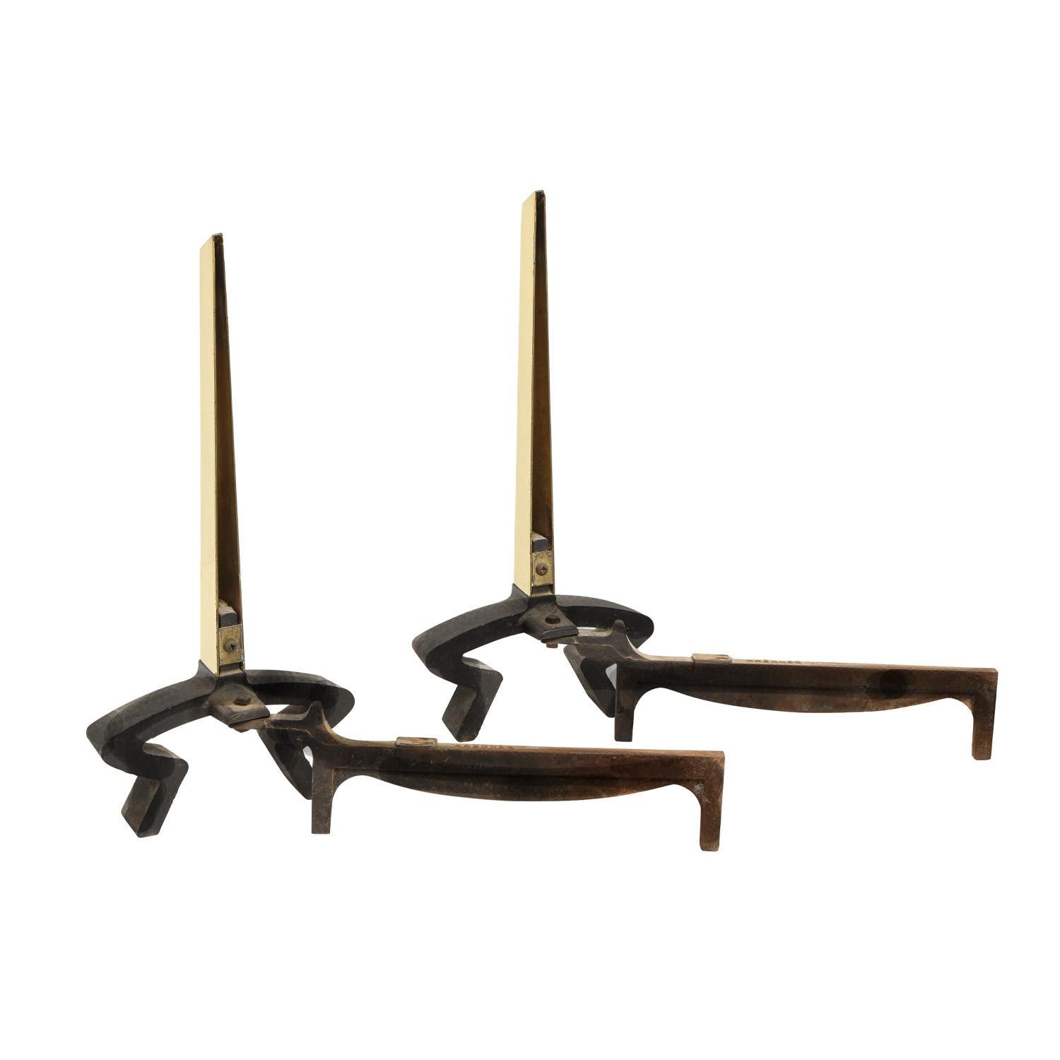 American Donald Deskey Pair of Andirons in Wrought Iron and Brass 1950s (Signed) For Sale
