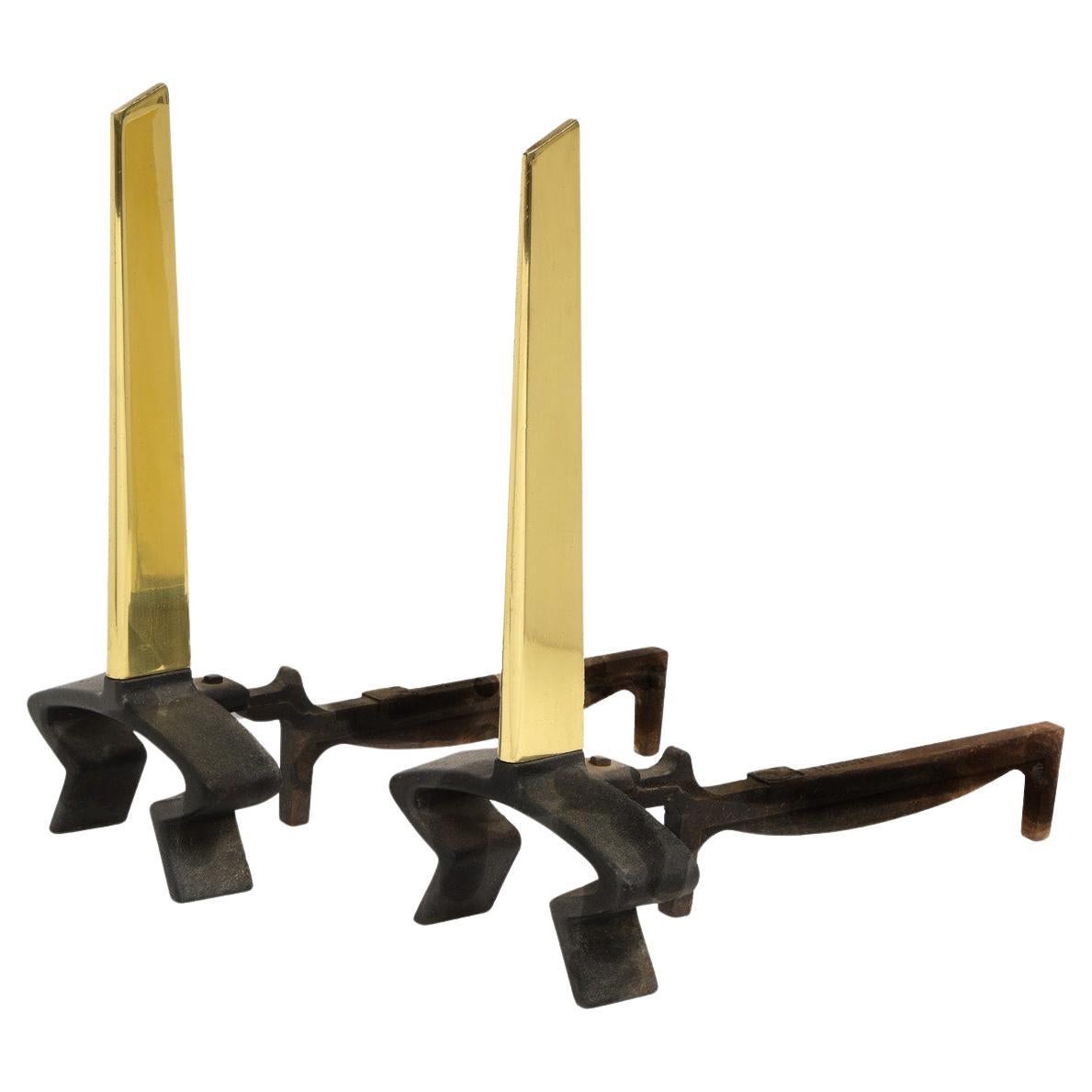 Donald Deskey Pair of Andirons in Wrought Iron and Brass 1950s (Signed)