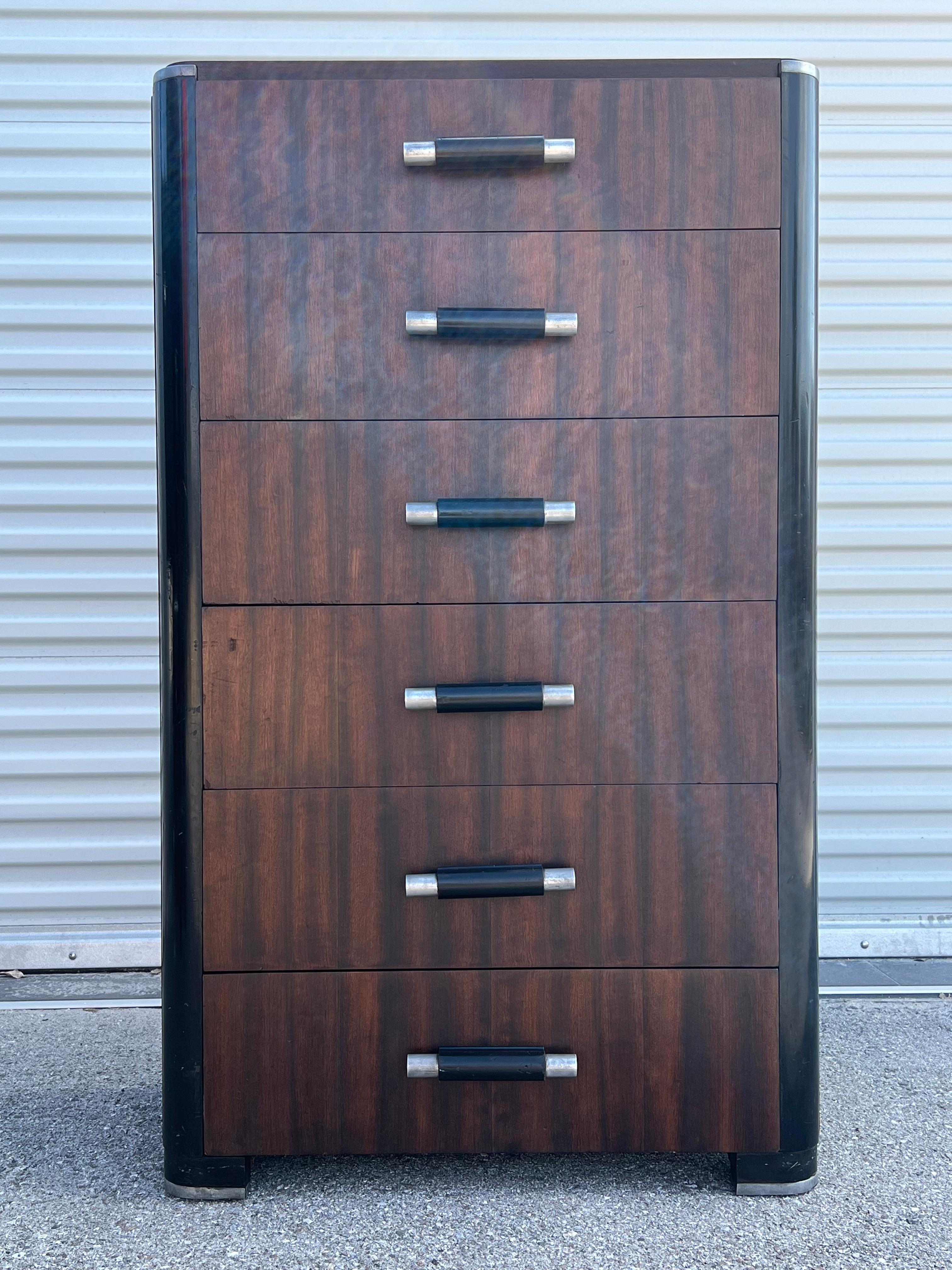 A classic Machine Age/Art Deco period Donald Deskey tall chest (six drawers). Made by Valentine-Seaver, ca' 1930's. 