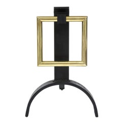 Donald Deskey Style Andirons, Brass Buckles, Wrought Iron, 1968