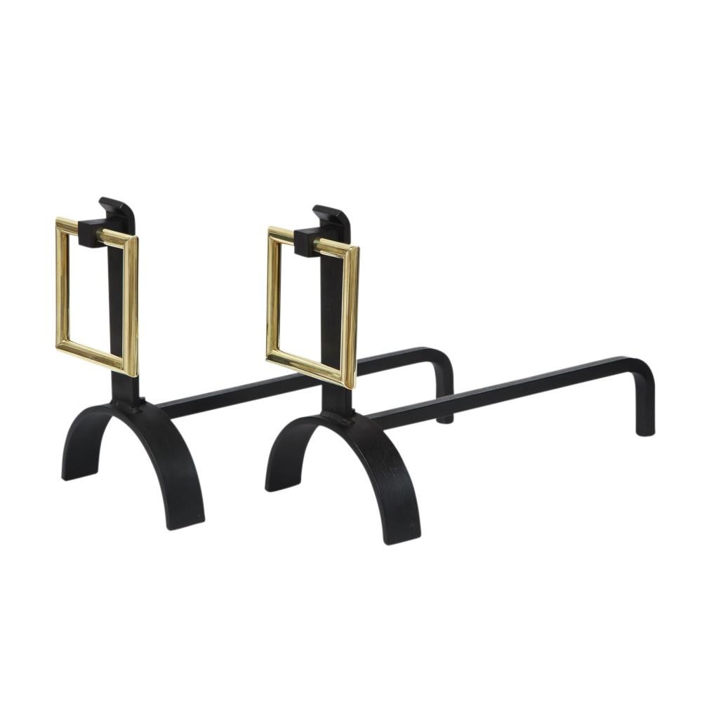 Polished Donald Deskey Style Andirons, Brass Buckles and Wrought Iron For Sale