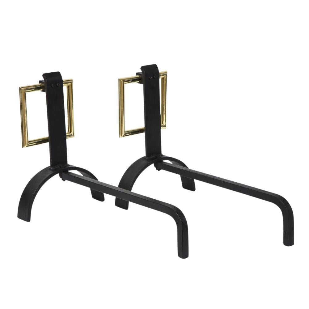 Mid-20th Century Donald Deskey Style Andirons, Brass Buckles and Wrought Iron For Sale