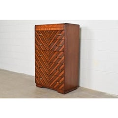 Donald Deskey Style Antique Art Deco Walnut Highboy Dresser, Circa 1930s